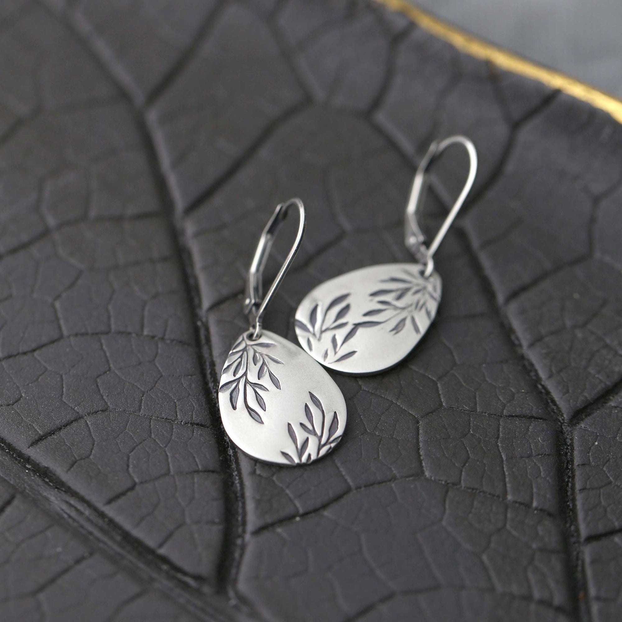 Silver Willow Leaf Teardrop Earrings jewelry handmade by Burnish