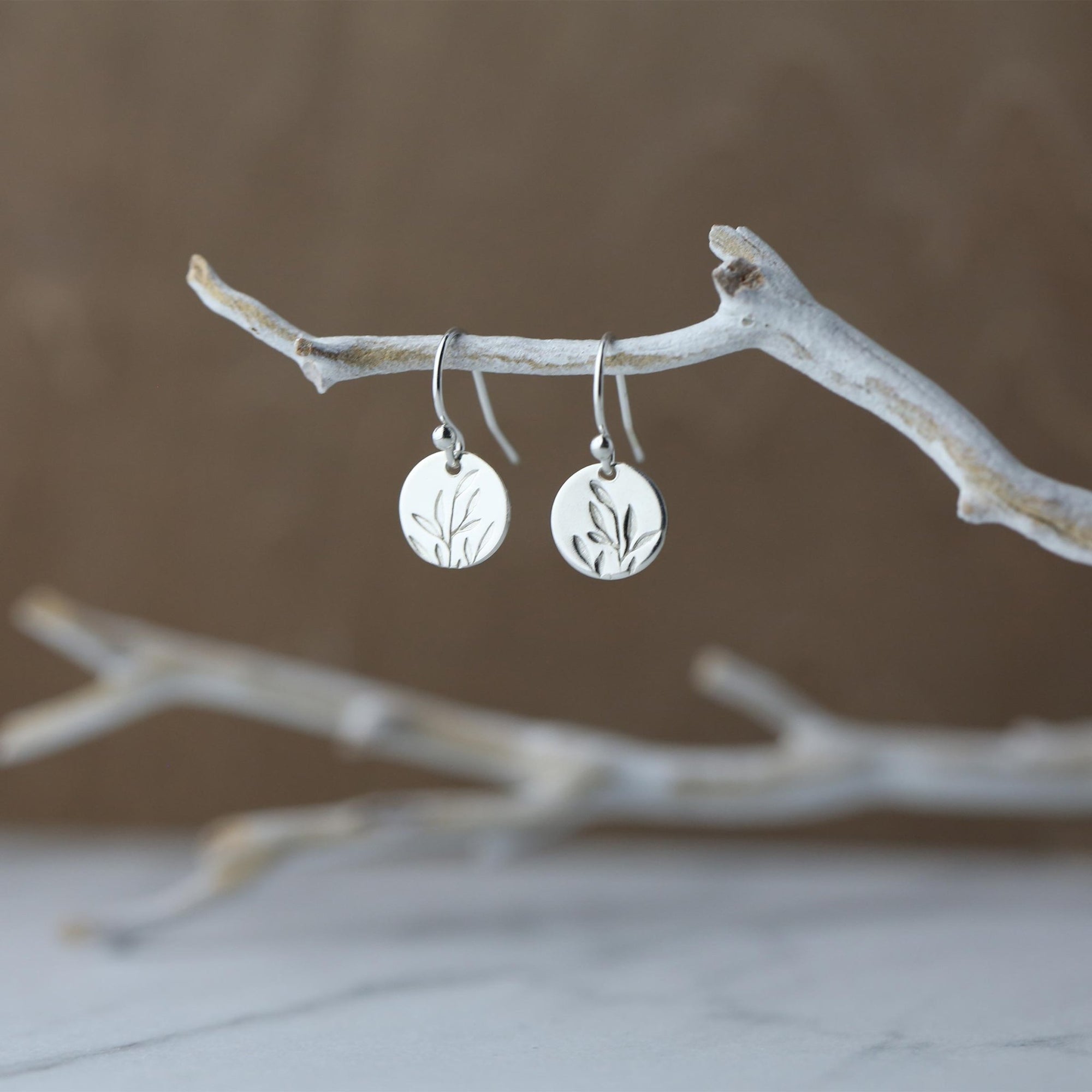 Silver Willow Leaf Tiny Disc Earrings jewelry handmade by Burnish