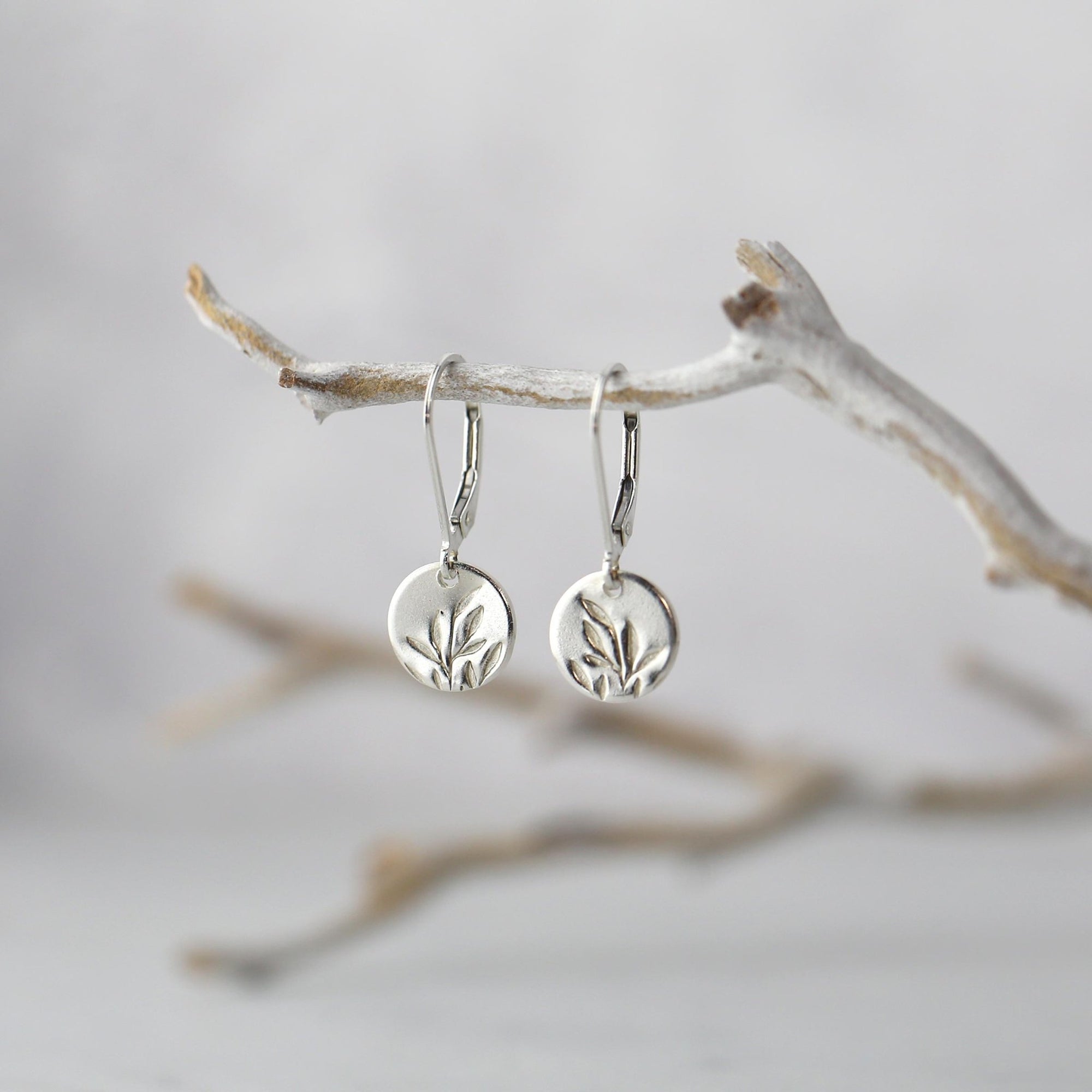 Silver Willow Leaf Tiny Disc Earrings jewelry handmade by Burnish