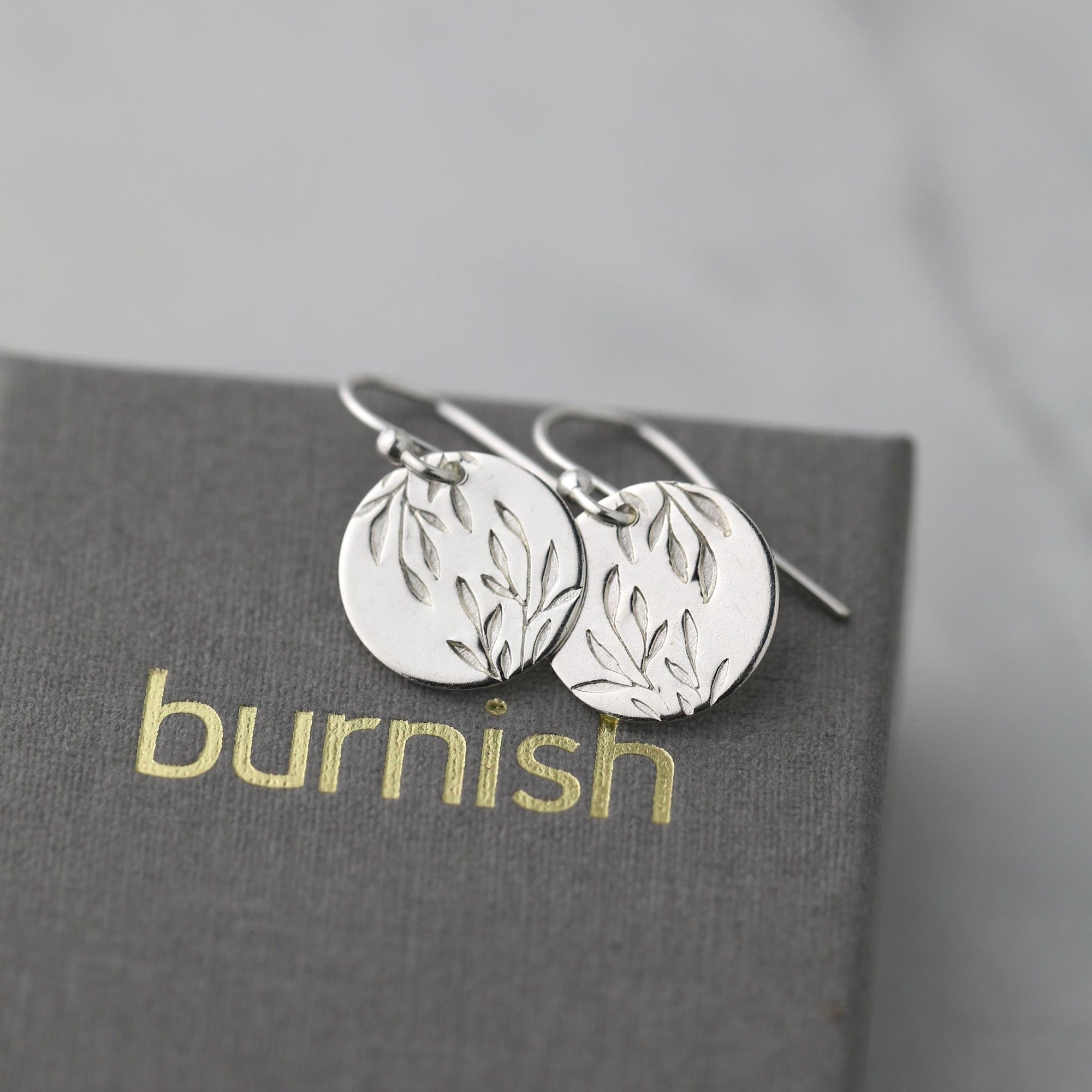 Silver Willow Leaves Medium Disc Earrings jewelry handmade by Burnish