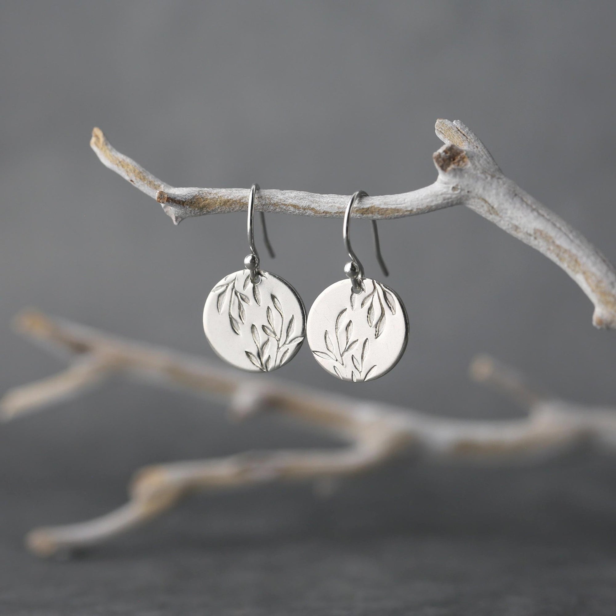 Silver Willow Leaves Medium Disc Earrings jewelry handmade by Burnish