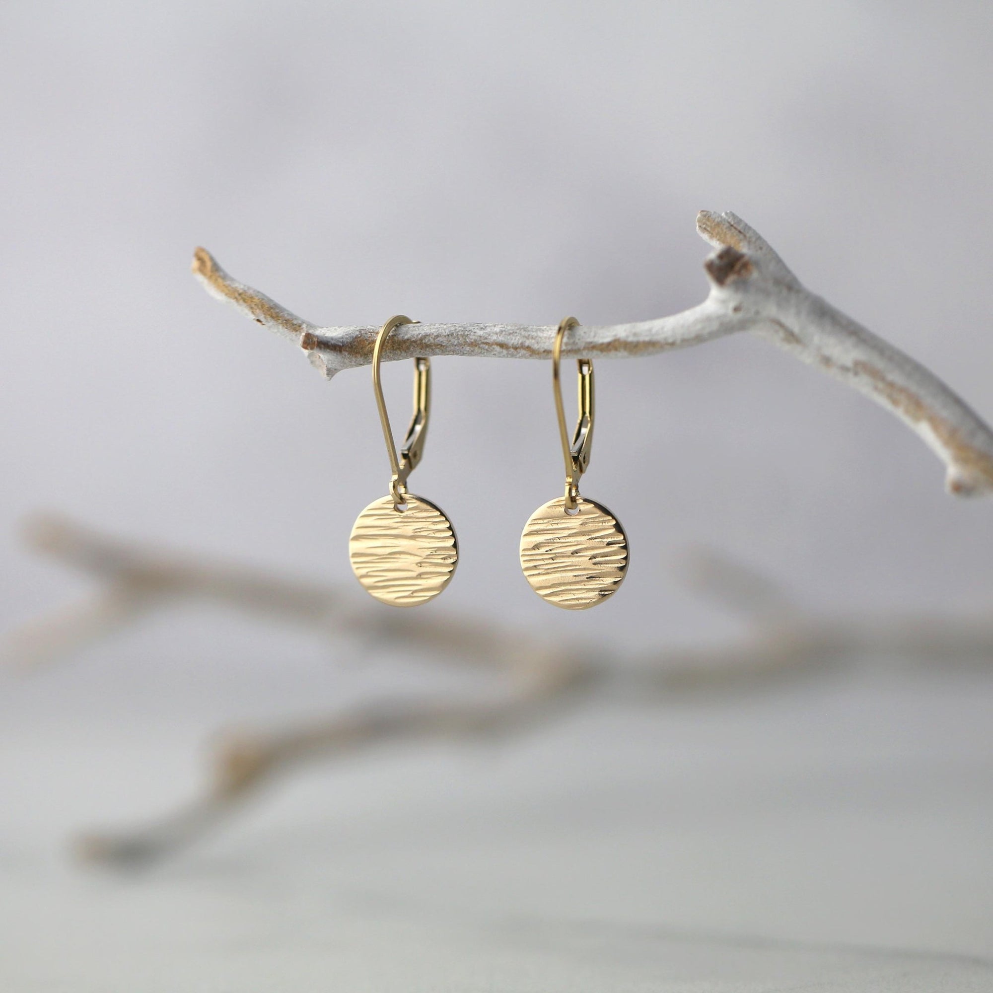 Small Gold Bark Texture Disc Earrings jewelry handmade by Burnish