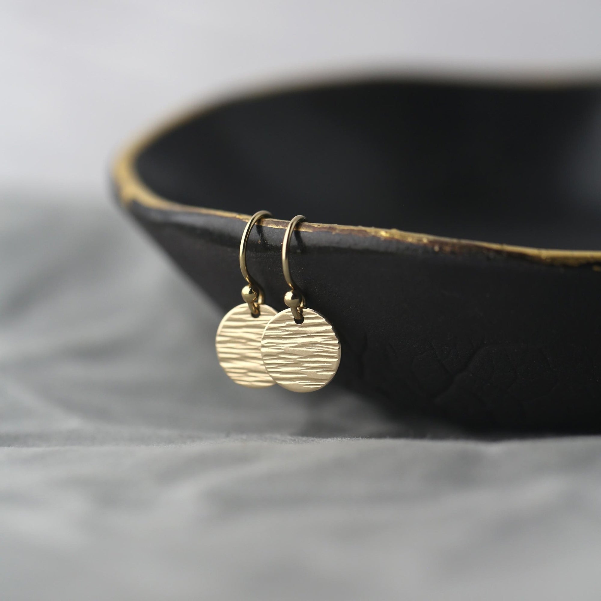 Small Gold Bark Texture Disc Earrings jewelry handmade by Burnish