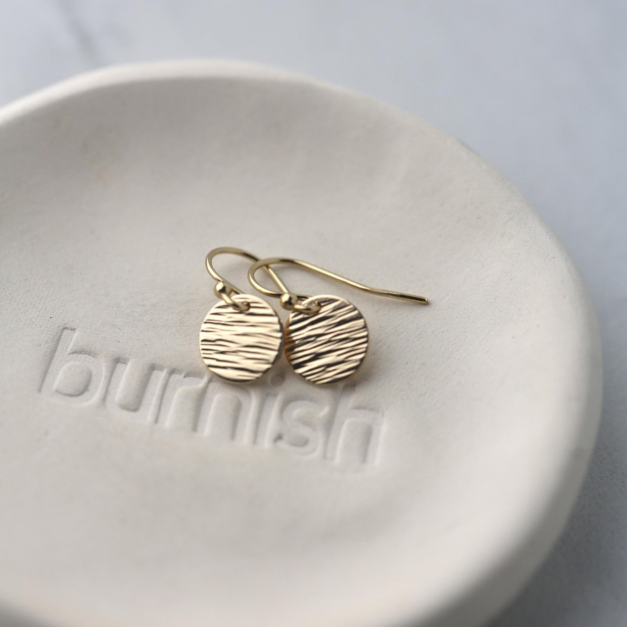 Small Gold Bark Texture Disc Earrings jewelry handmade by Burnish