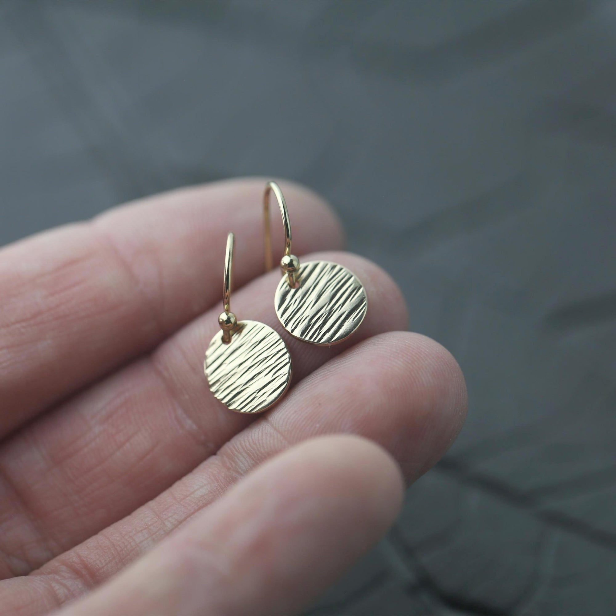 Small Gold Bark Texture Disc Earrings jewelry handmade by Burnish