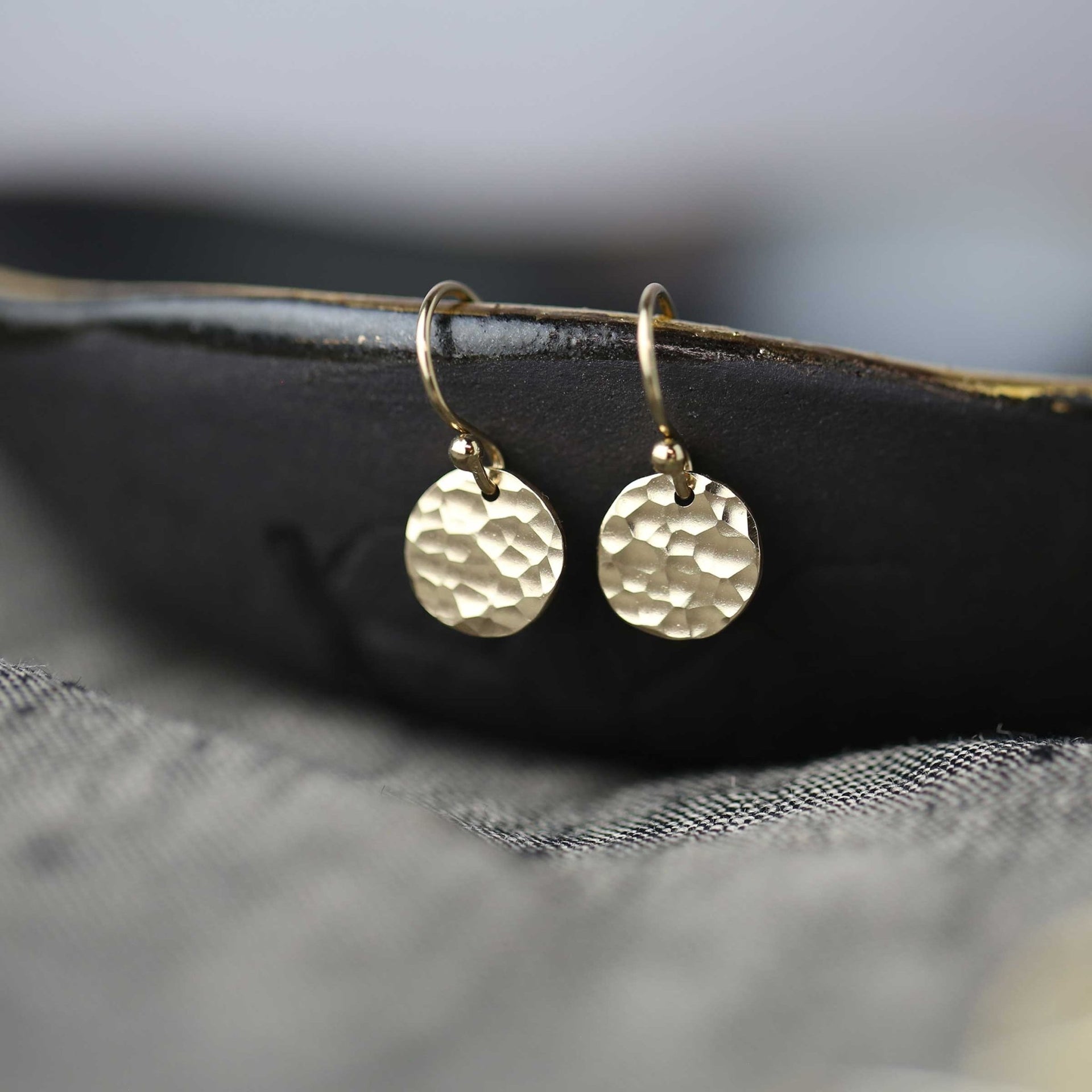 Small Gold Hammered Disc Earrings jewelry handmade by Burnish