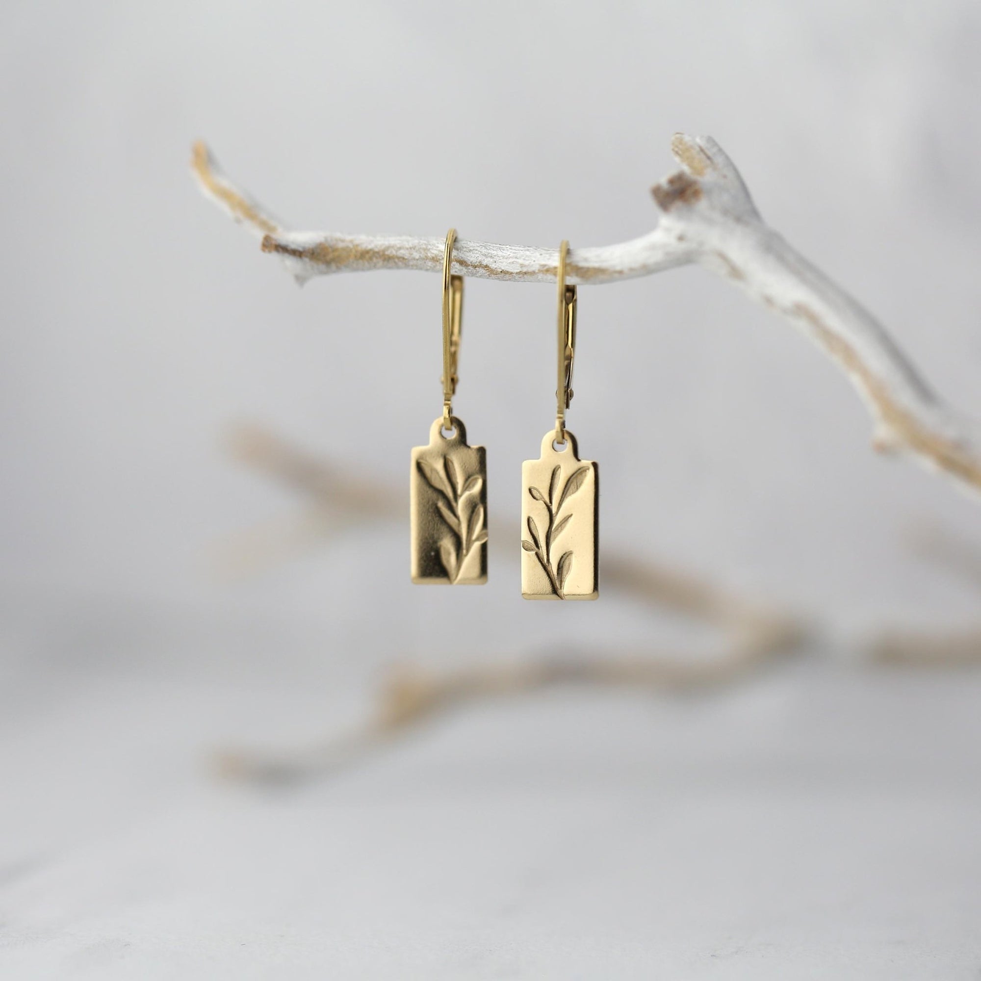 Sprig Gold Mini Tag Earrings jewelry handmade by Burnish