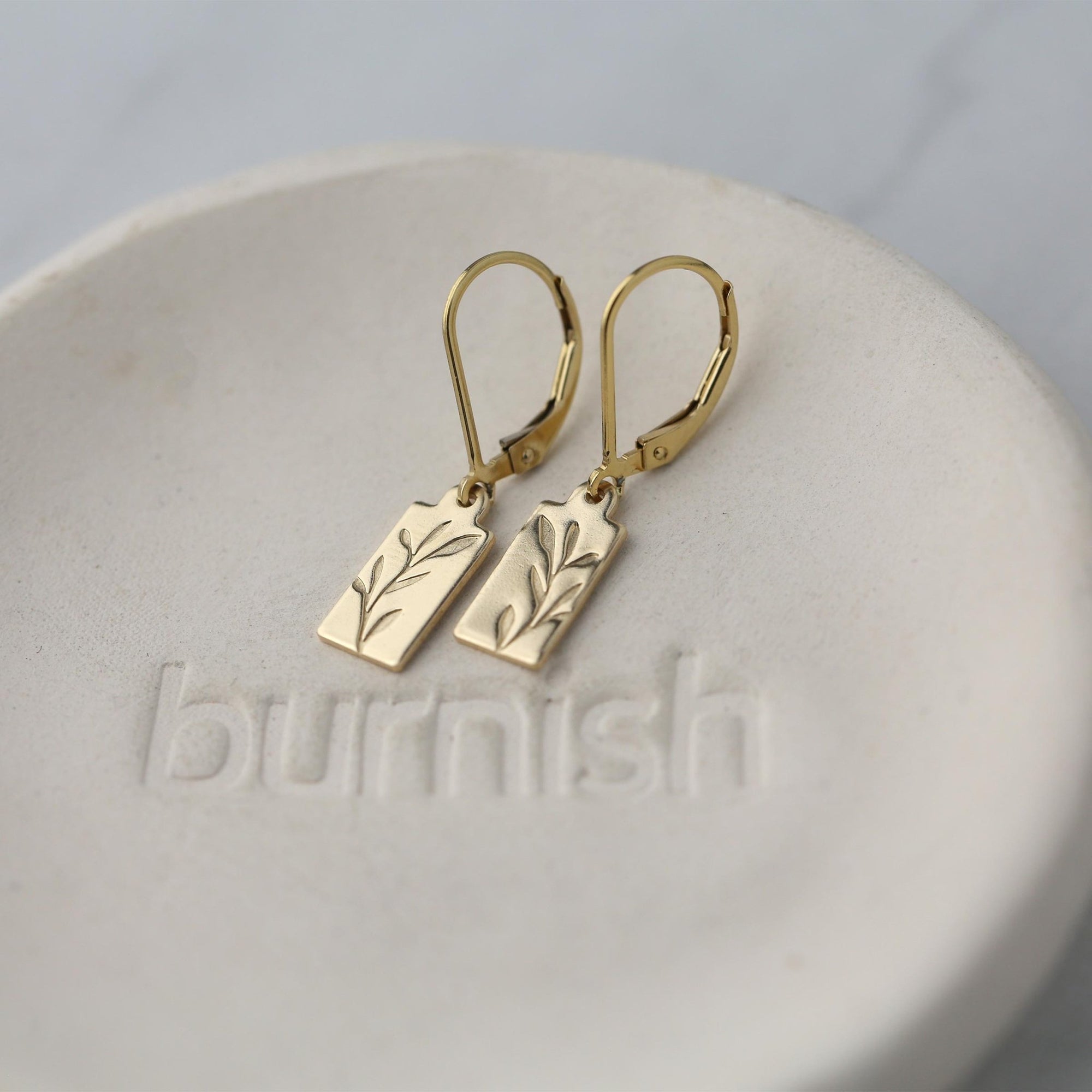 Sprig Gold Mini Tag Earrings jewelry handmade by Burnish