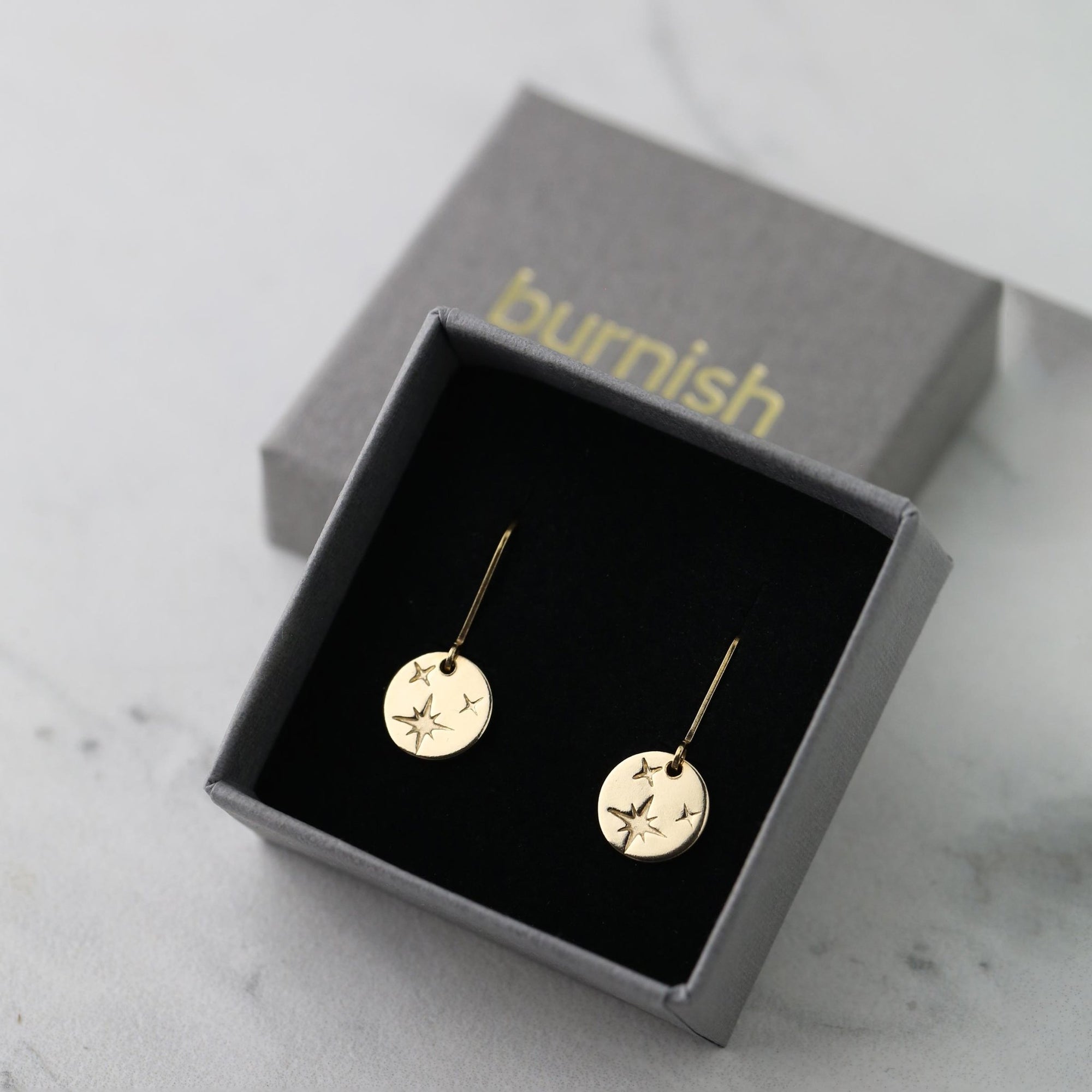 Tiny Gold Celestial Star Disc Earrings jewelry handmade by Burnish