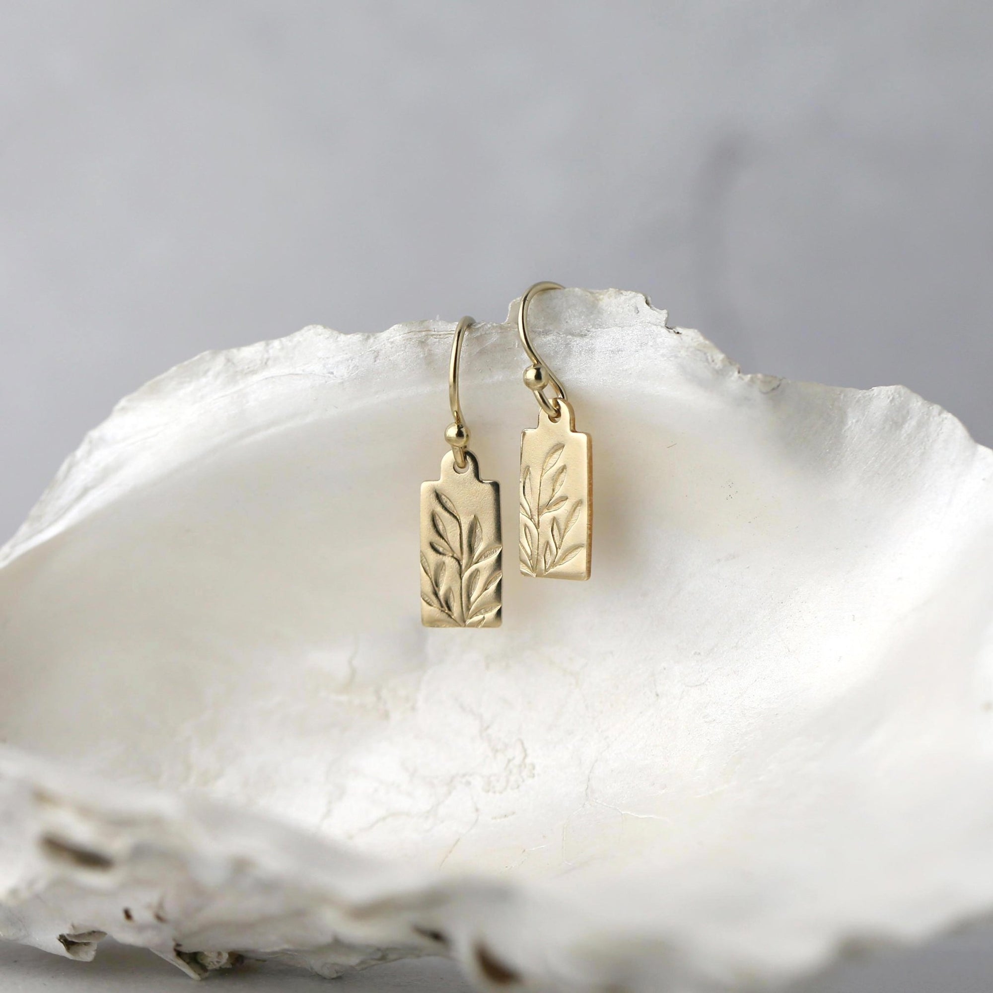 Tiny Gold Willow Leaf Tag Earrings jewelry handmade by Burnish