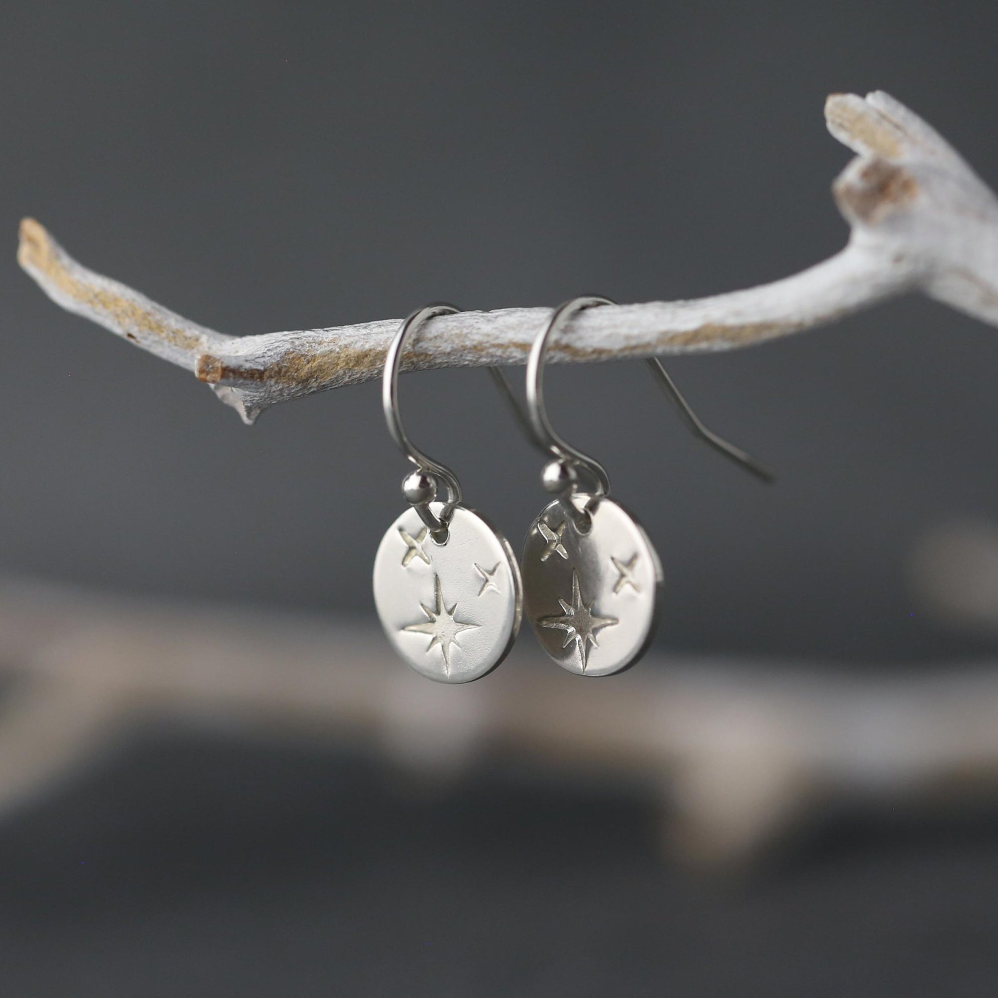 Tiny Silver Celestial Star Disc Earrings jewelry handmade by Burnish