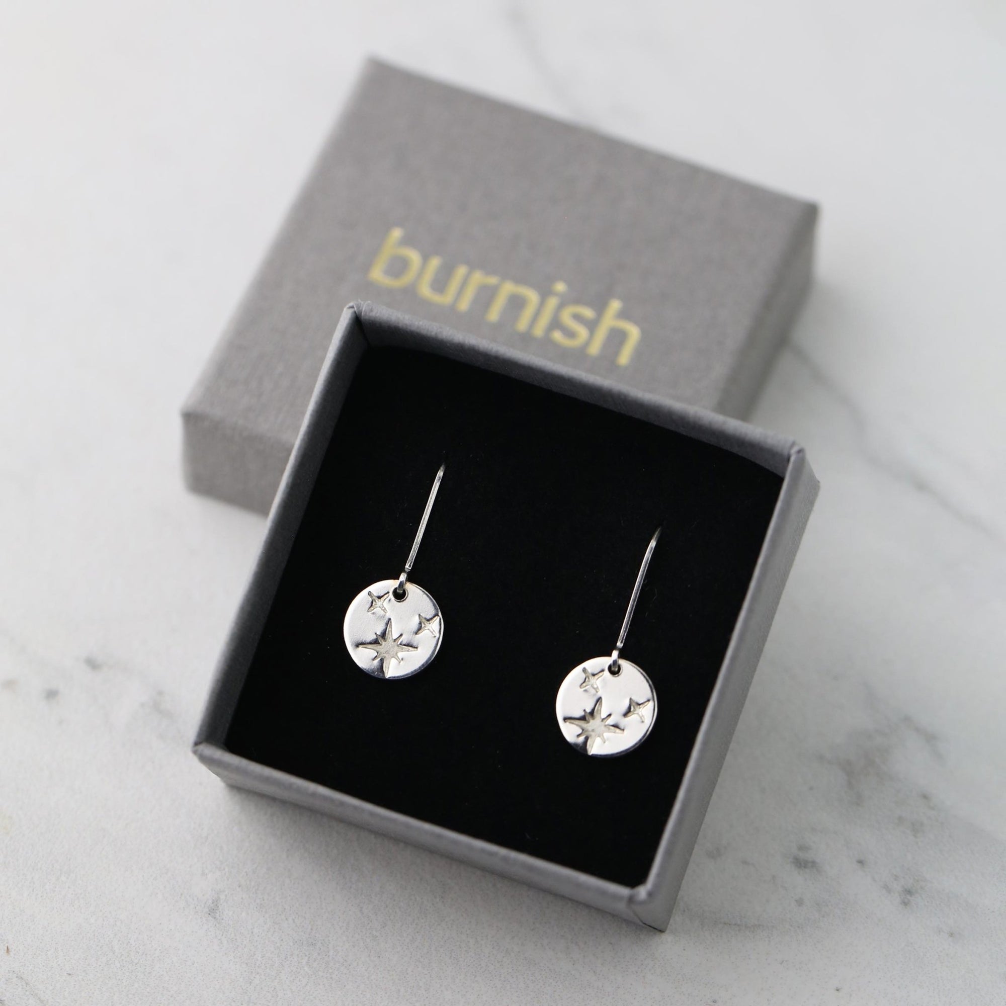 Tiny Silver Celestial Star Disc Earrings jewelry handmade by Burnish