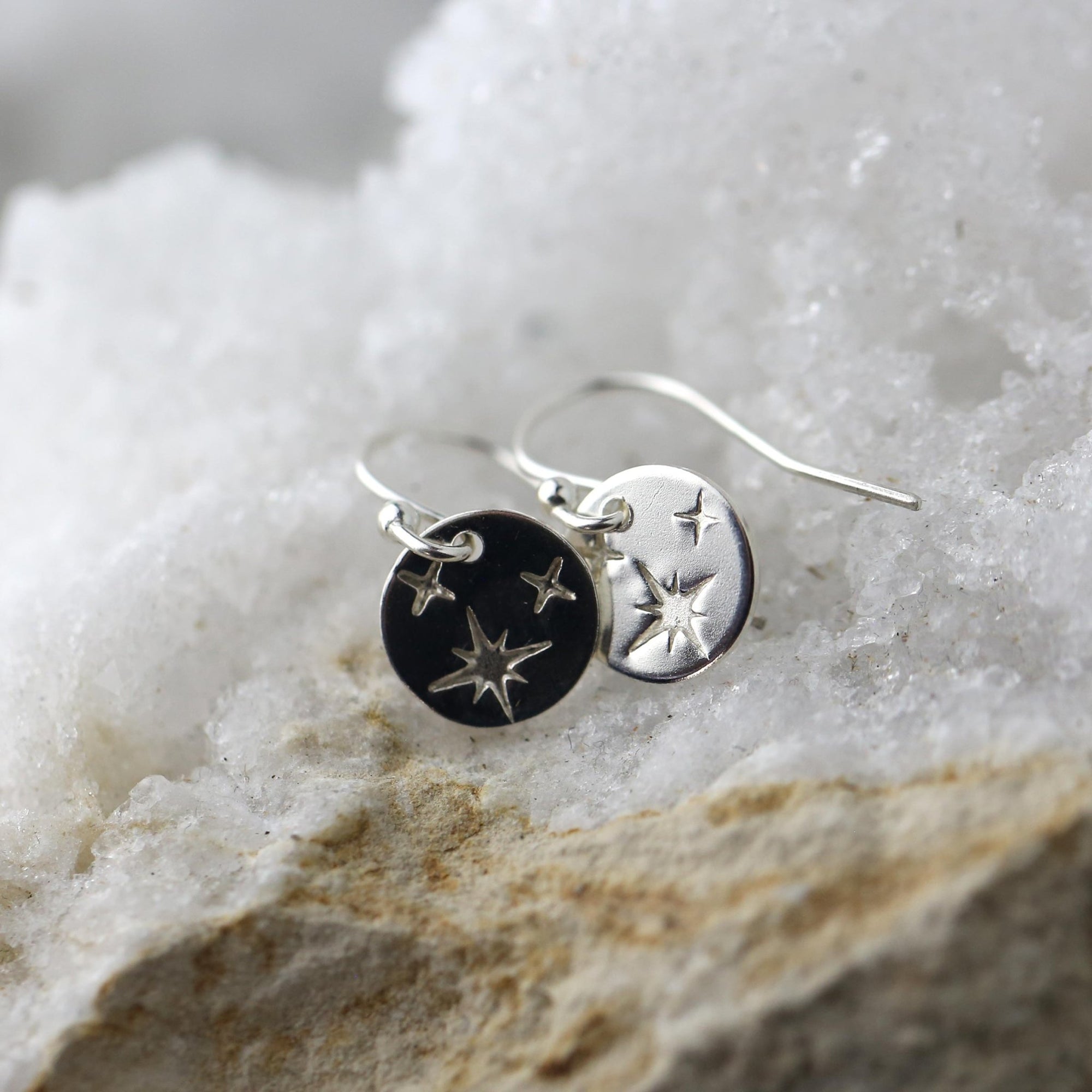 Tiny Silver Celestial Star Disc Earrings jewelry handmade by Burnish