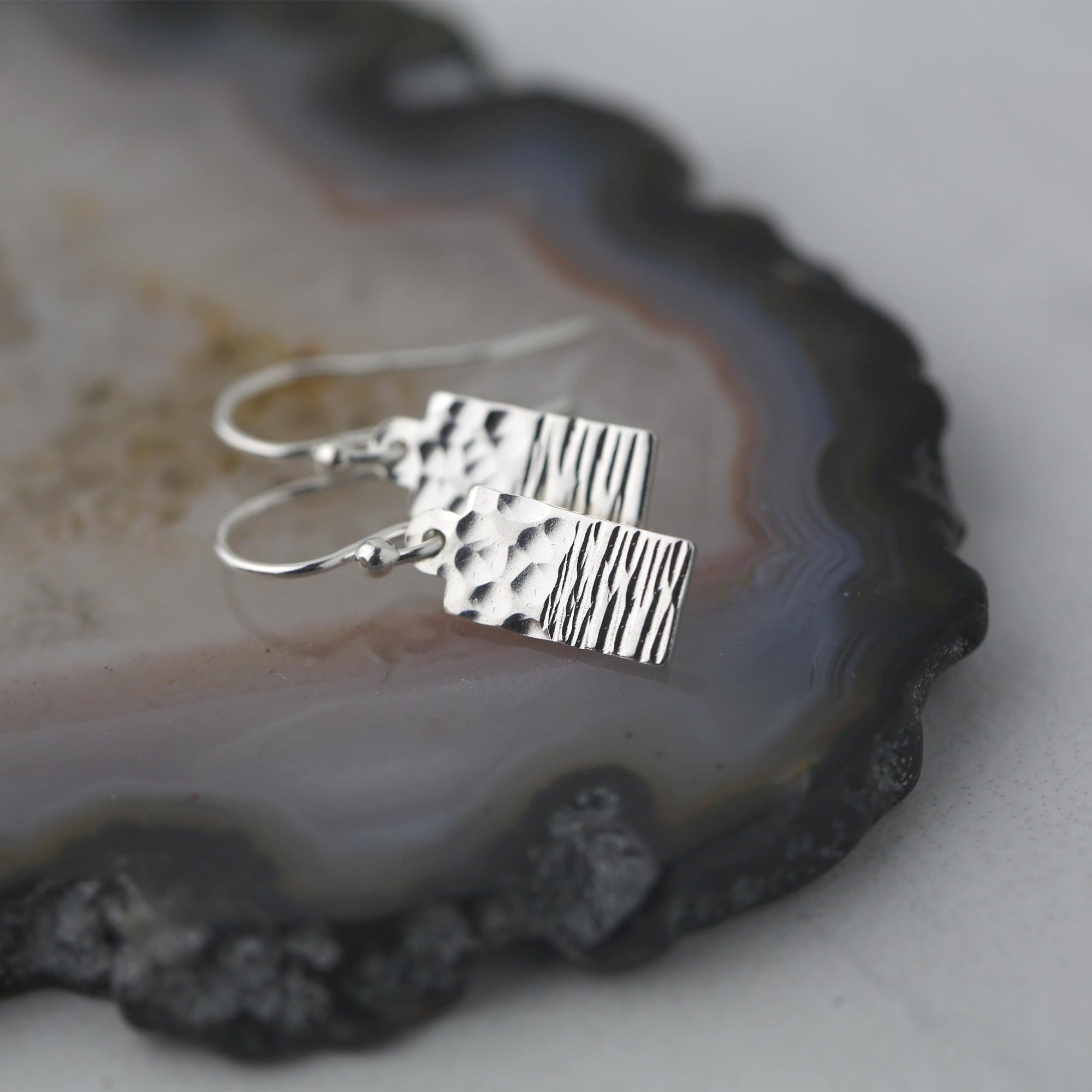 Tiny Silver Duo Texture Tag Earrings jewelry handmade by Burnish