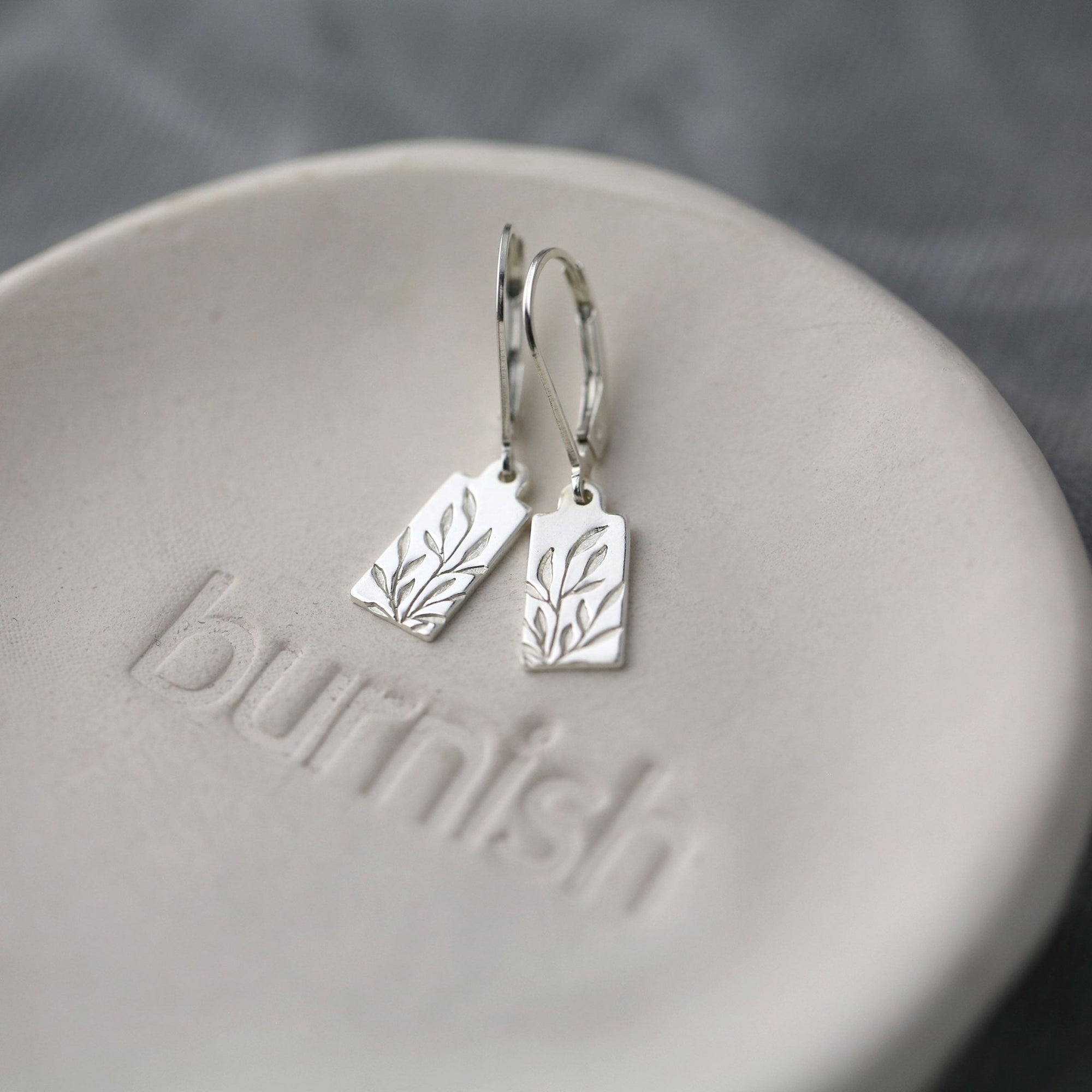 Tiny Silver Willow Leaf Tag Earrings jewelry handmade by Burnish