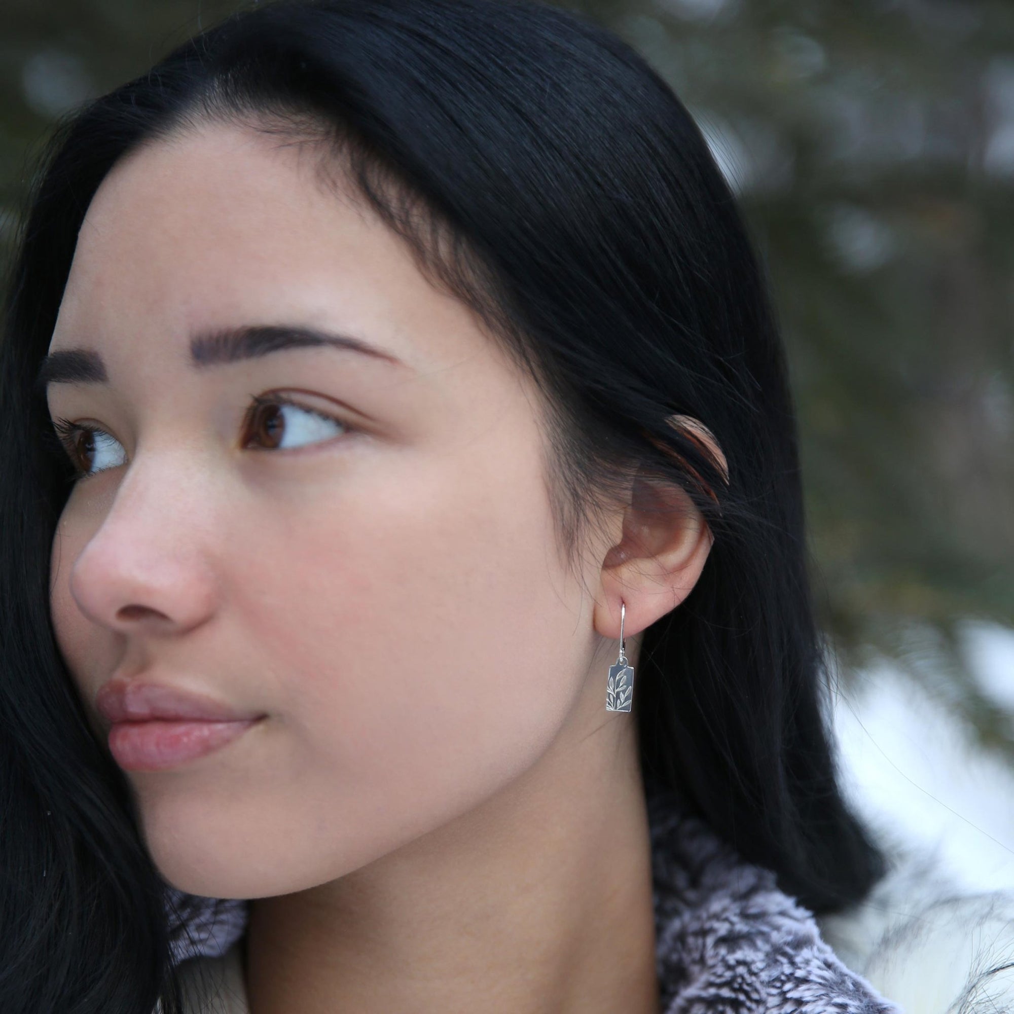 Tiny Silver Willow Leaf Tag Earrings jewelry handmade by Burnish