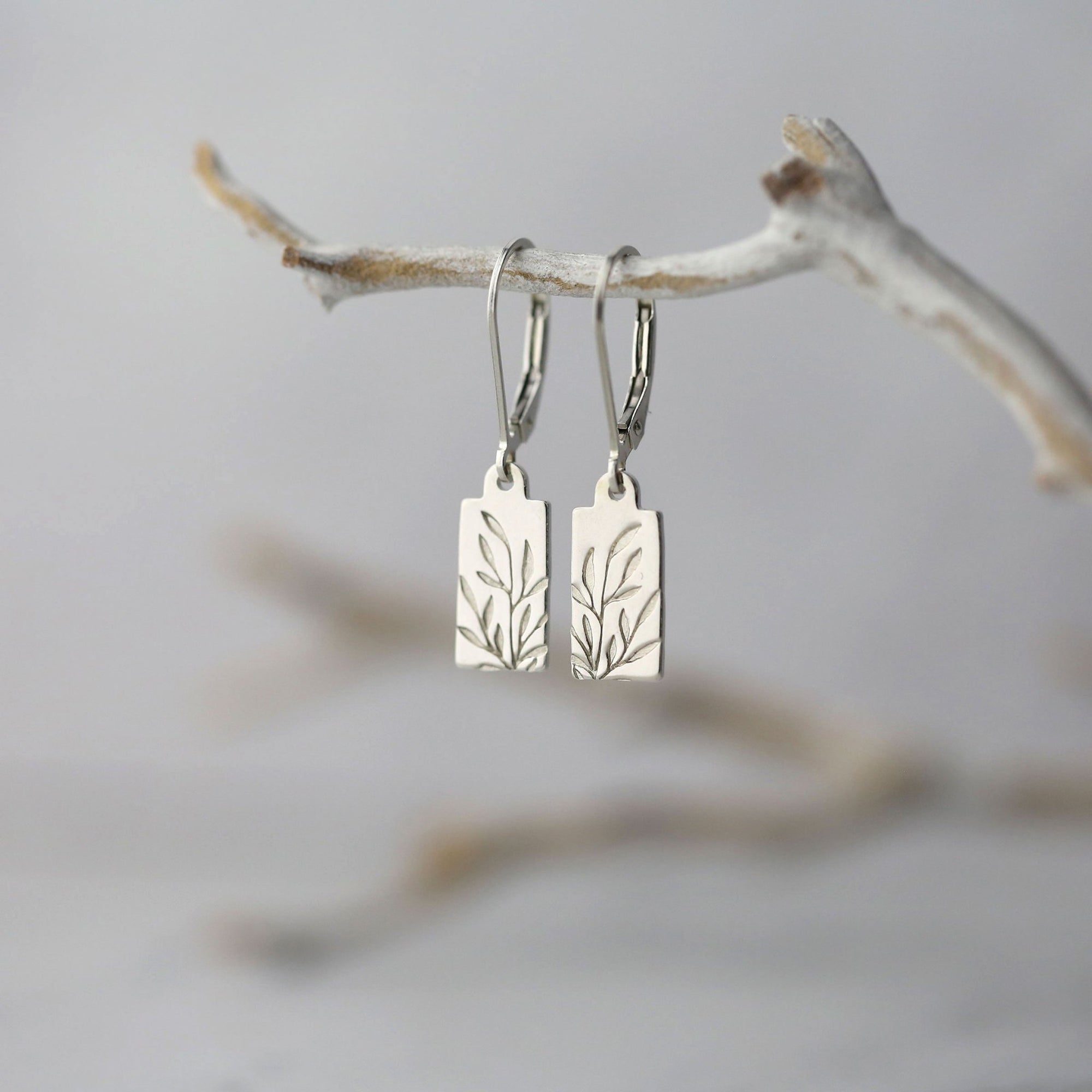 Tiny Silver Willow Leaf Tag Earrings jewelry handmade by Burnish