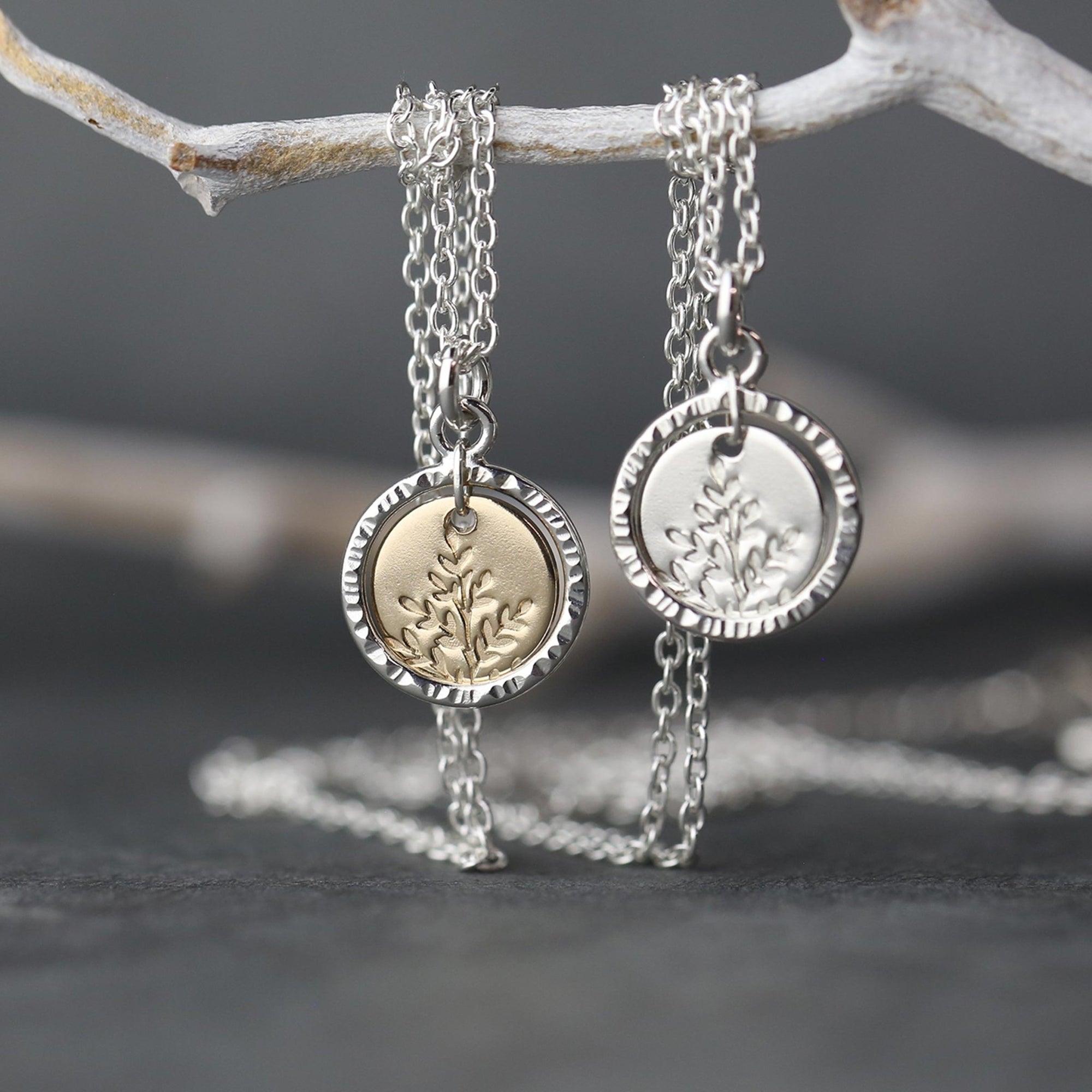 Wildflower Disc & Bark Circle Necklace jewelry handmade by Burnish