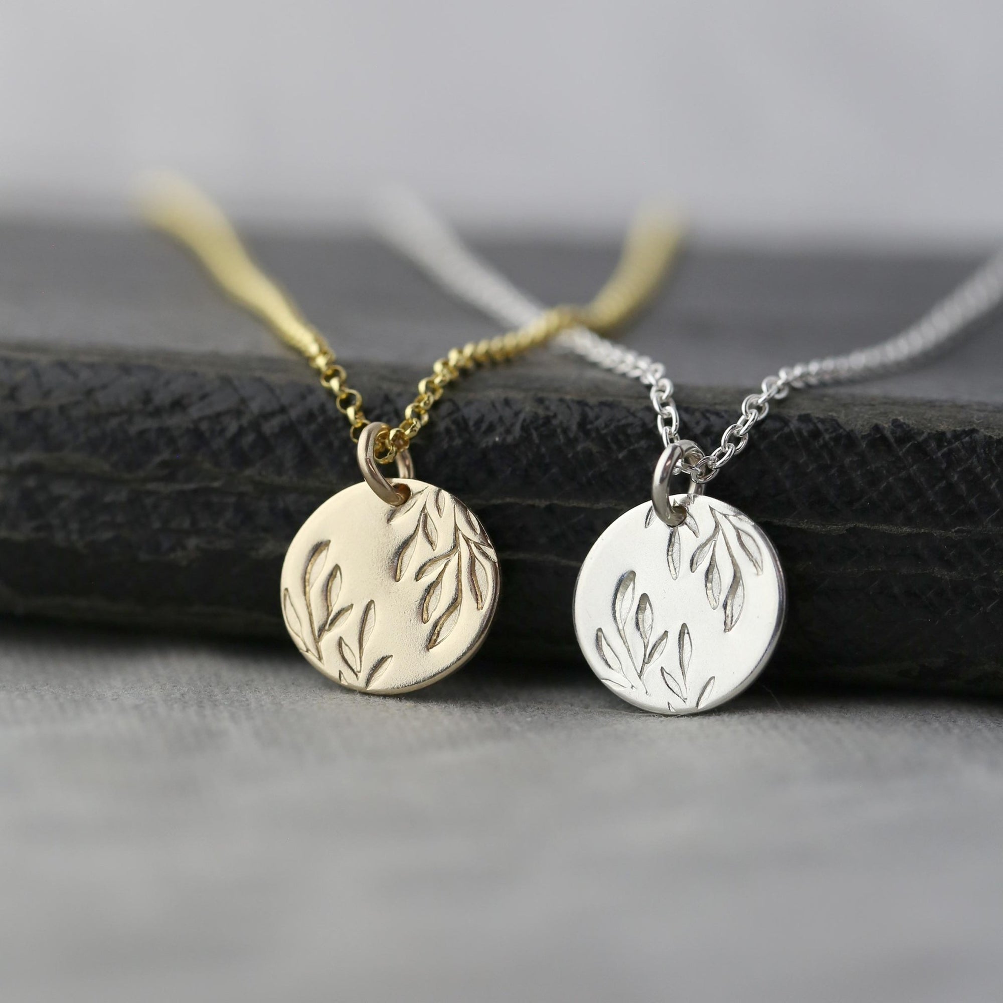Willow Leaves Disc Necklace jewelry handmade by Burnish