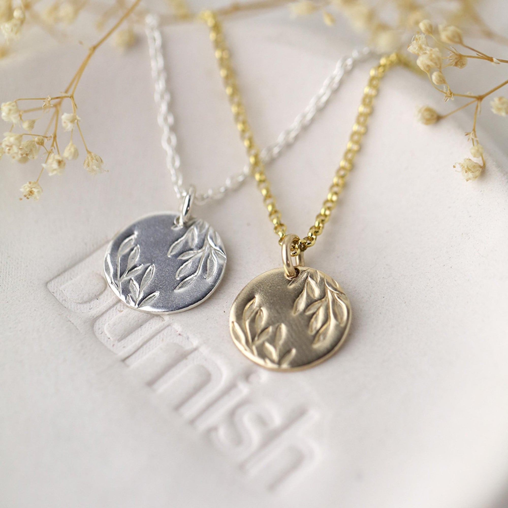Willow Leaves Disc Necklace jewelry handmade by Burnish