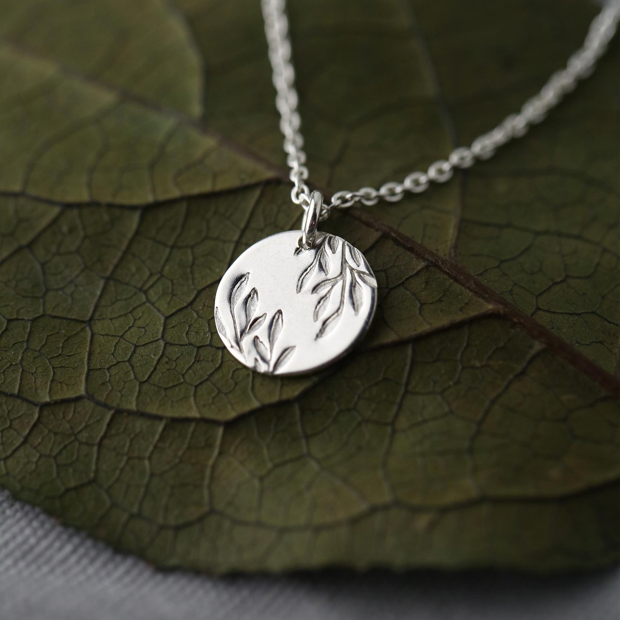 Willow Leaves Disc Necklace jewelry handmade by Burnish
