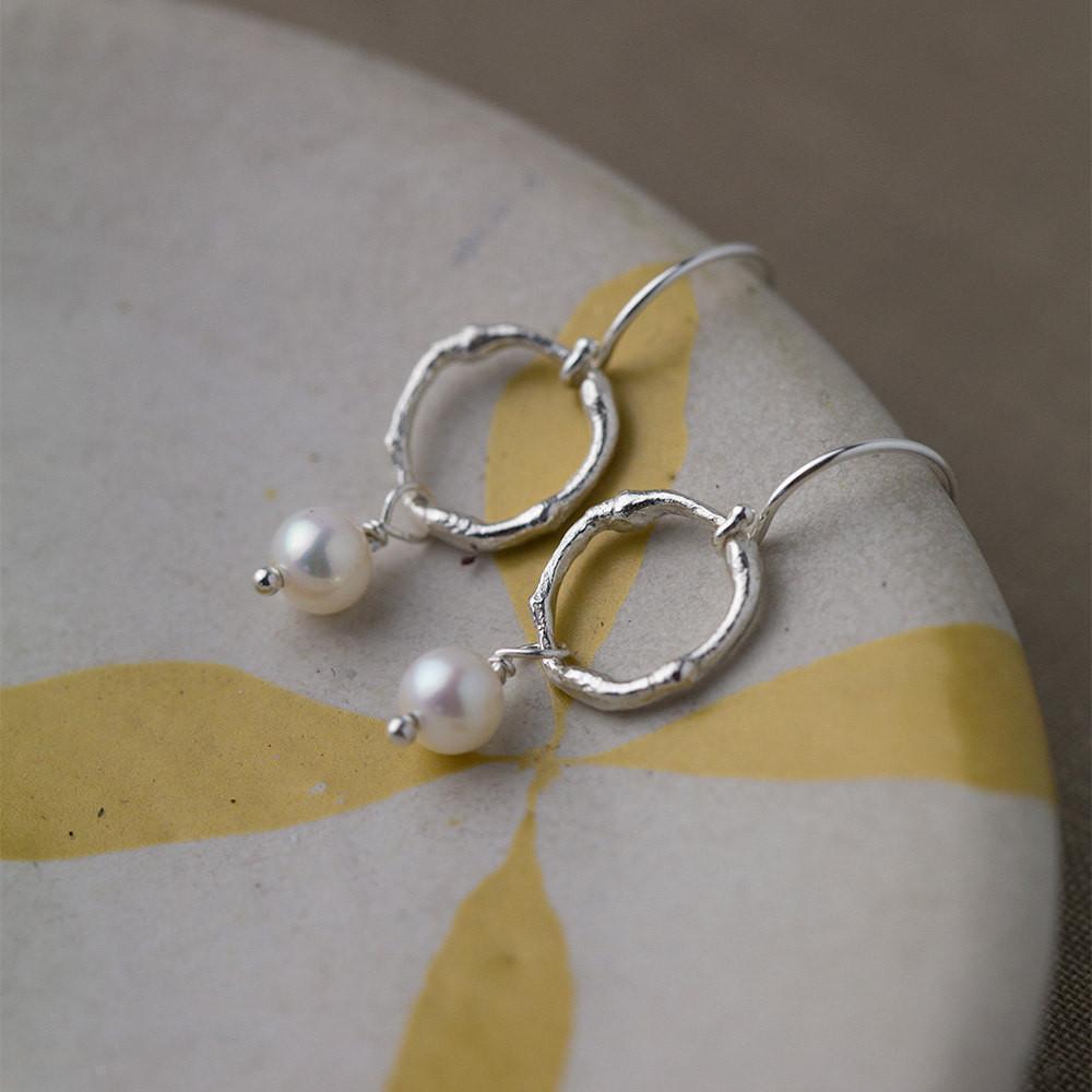 Branch Circle & Pearl Earrings - Handmade Jewelry by Burnish