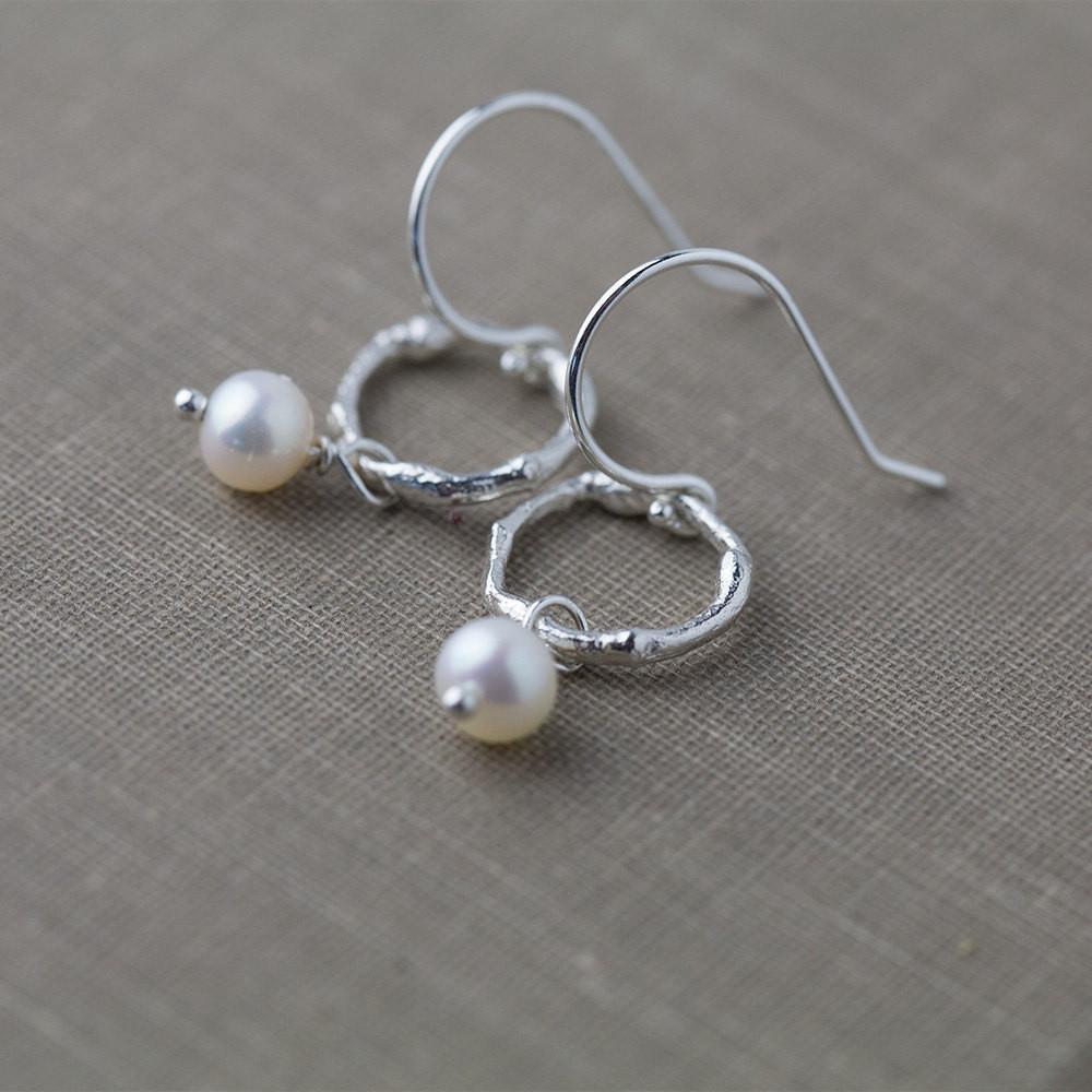 Branch Circle &amp; Pearl Earrings - Handmade Jewelry by Burnish
