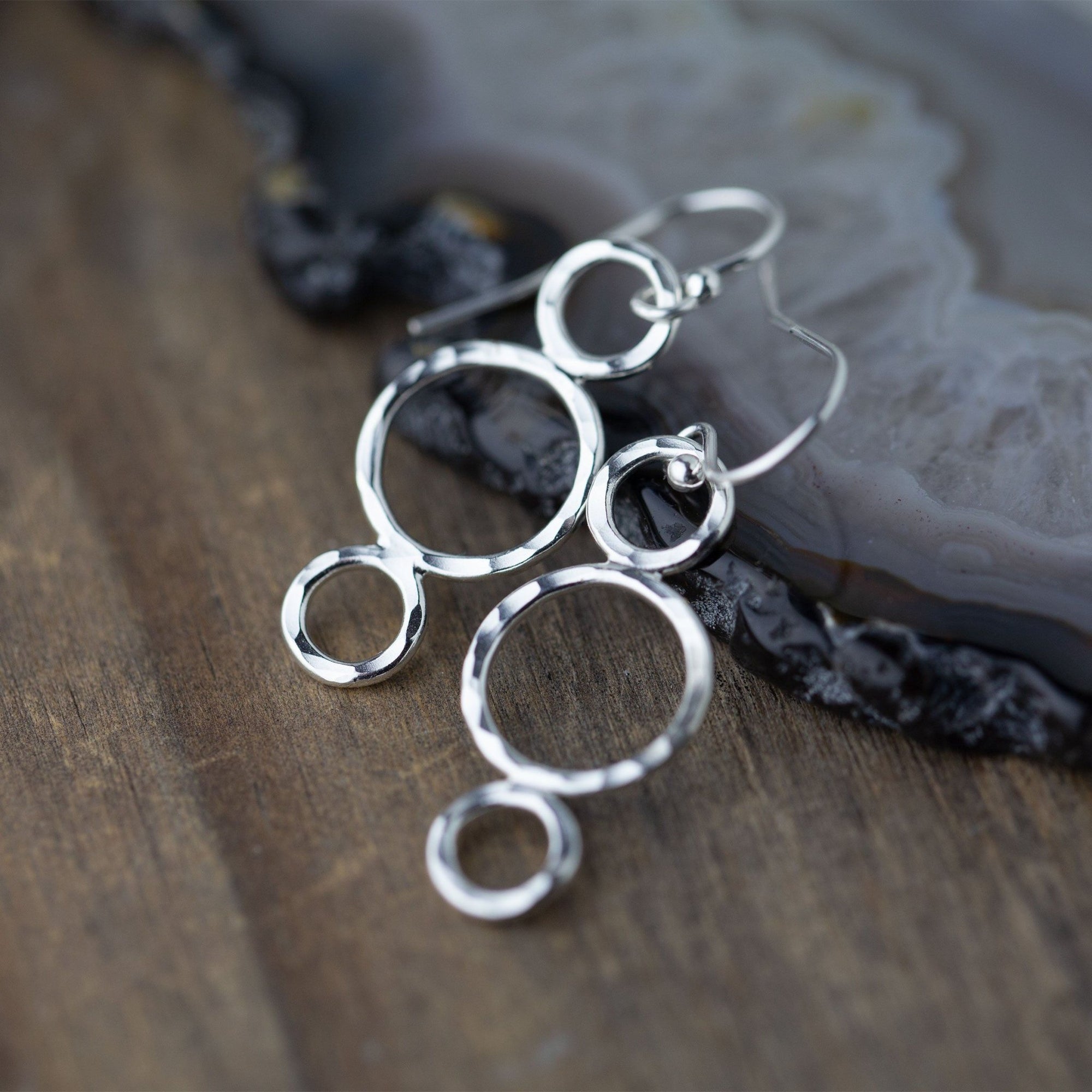 Circle Trio Hammered Silver Earrings - Handmade Jewelry by Burnish