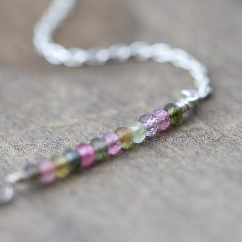 Dainty Watermelon Tourmaline Bar Necklace - Handmade Jewelry by Burnish