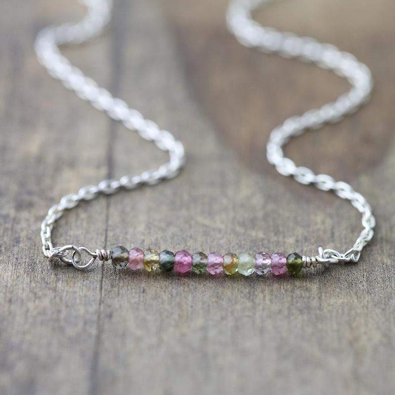 Dainty Watermelon Tourmaline Bar Necklace - Handmade Jewelry by Burnish