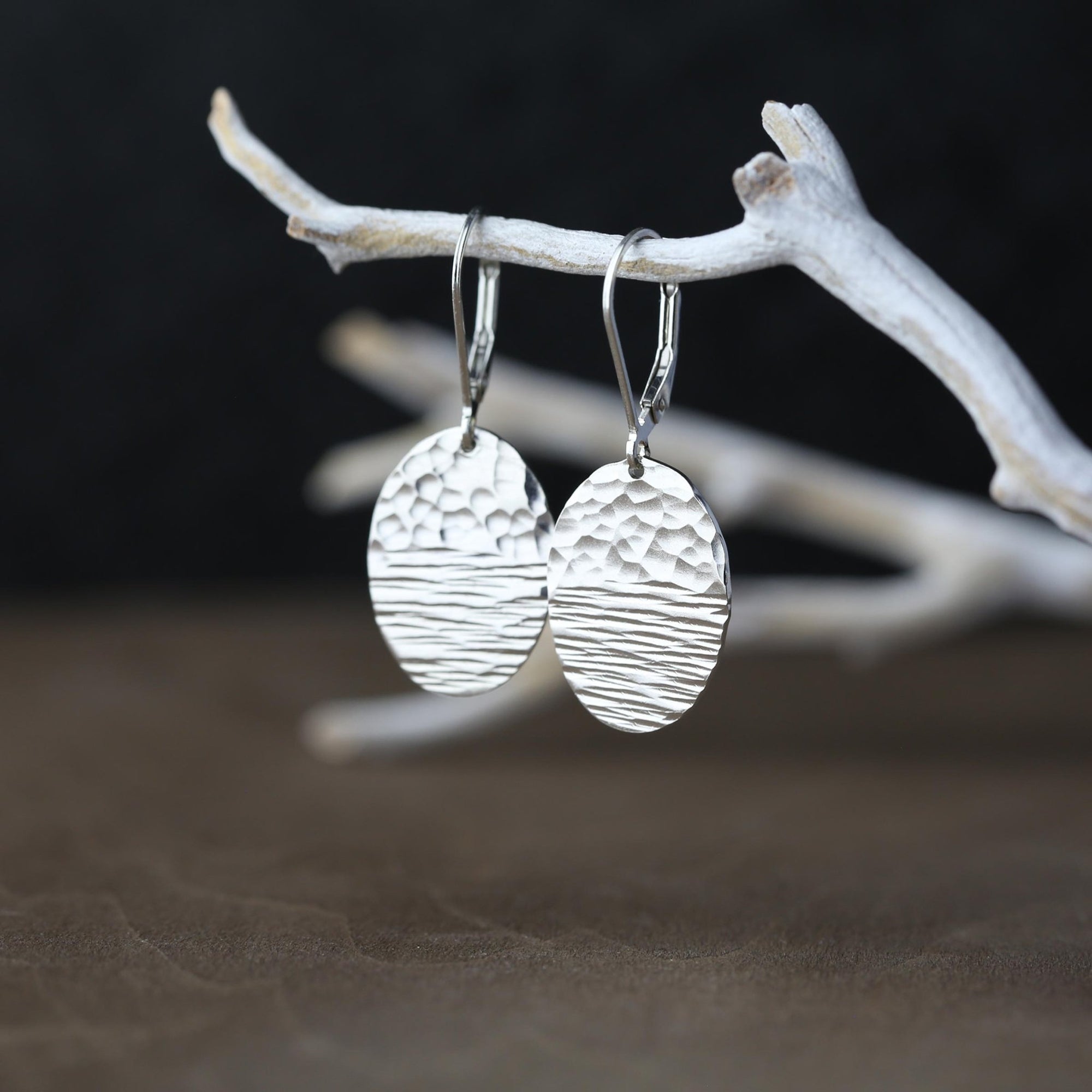 Duo Textured Silver Oval Earrings handmade by Burnish