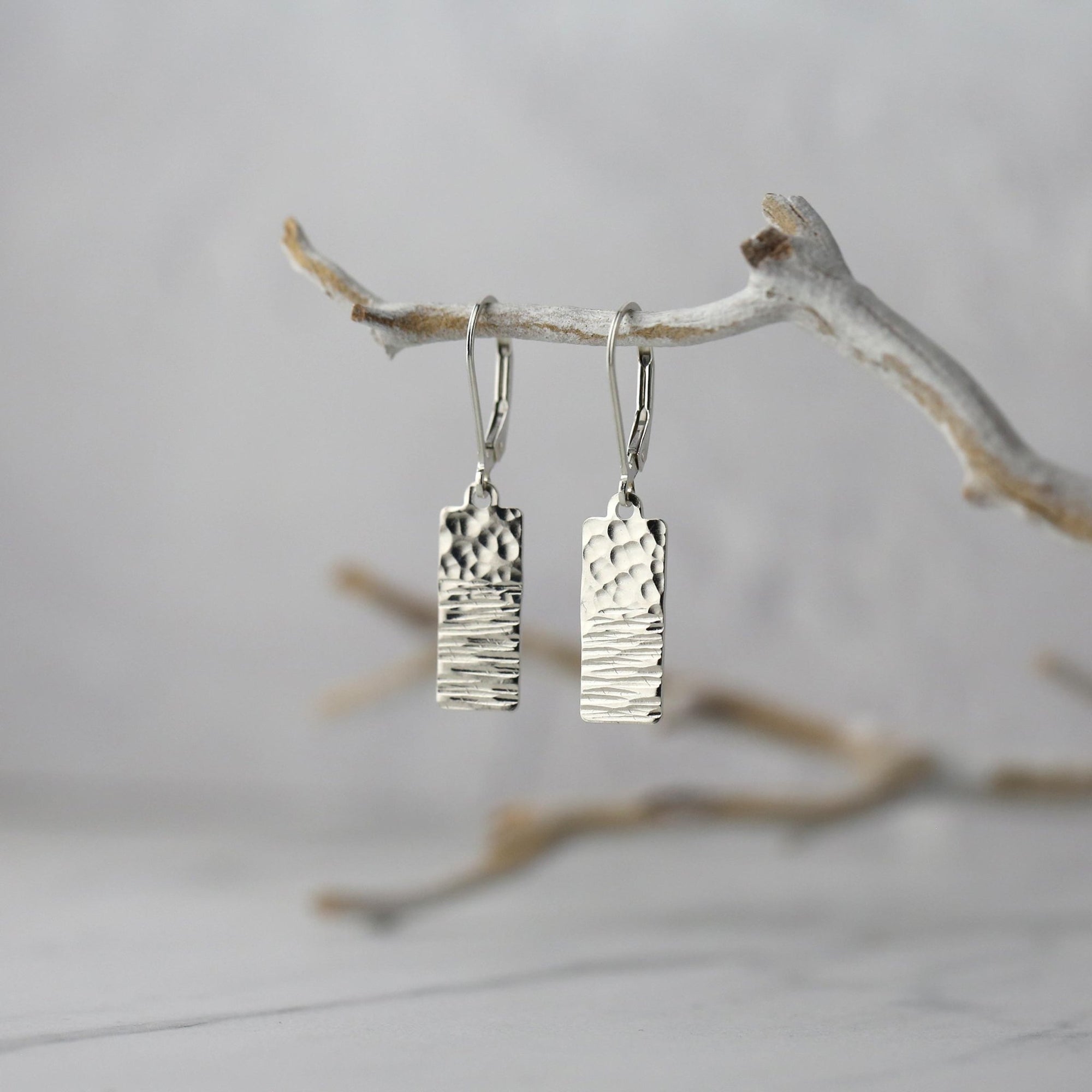 Duo Textured Silver Rectangular Earrings handmade by Burnish