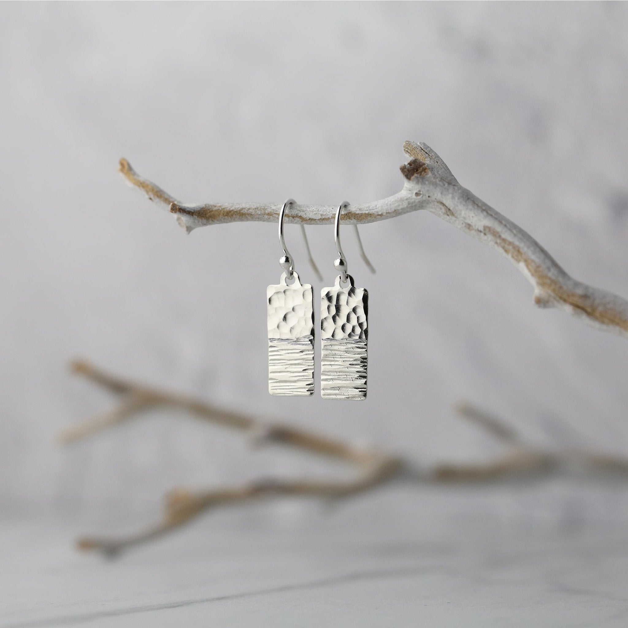 Duo Textured Silver Rectangular Earrings handmade by Burnish
