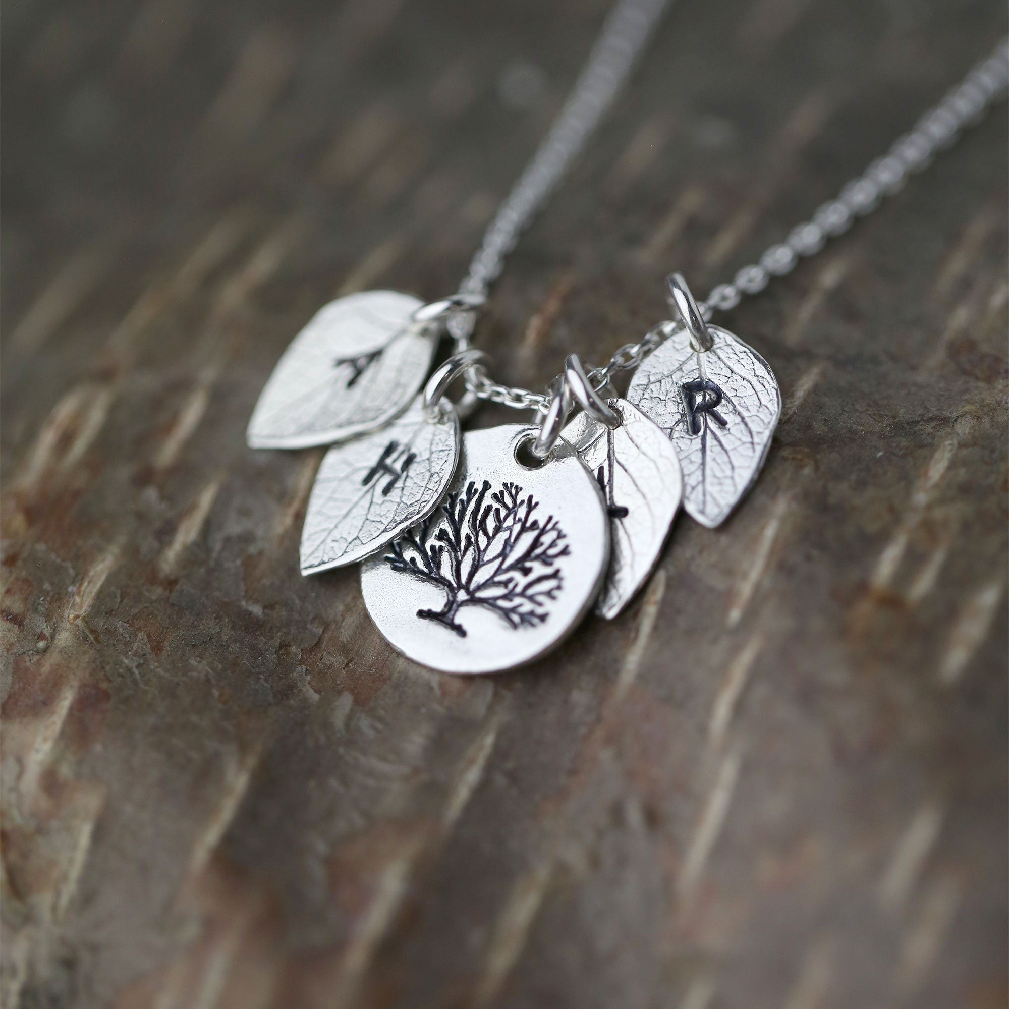 Family Tree Necklace with Initial Leaves - Handmade Jewelry by Burnish