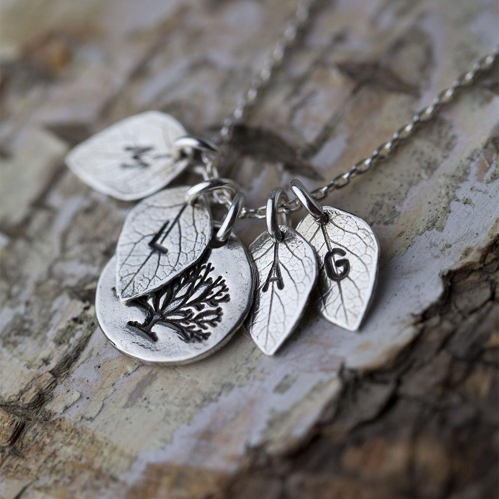 Family Tree Necklace with Initial Leaves - Handmade Jewelry by Burnish
