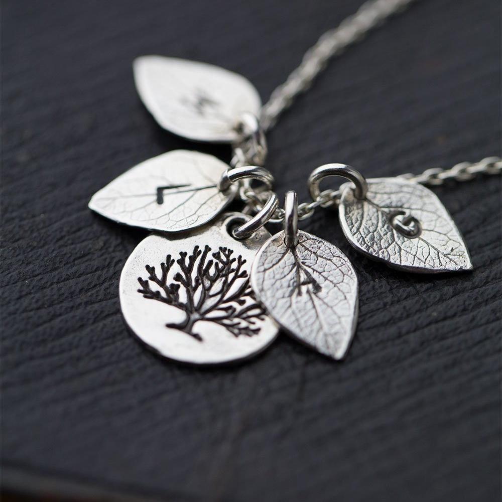 Family Tree Necklace with Initial Leaves - Handmade Jewelry by Burnish