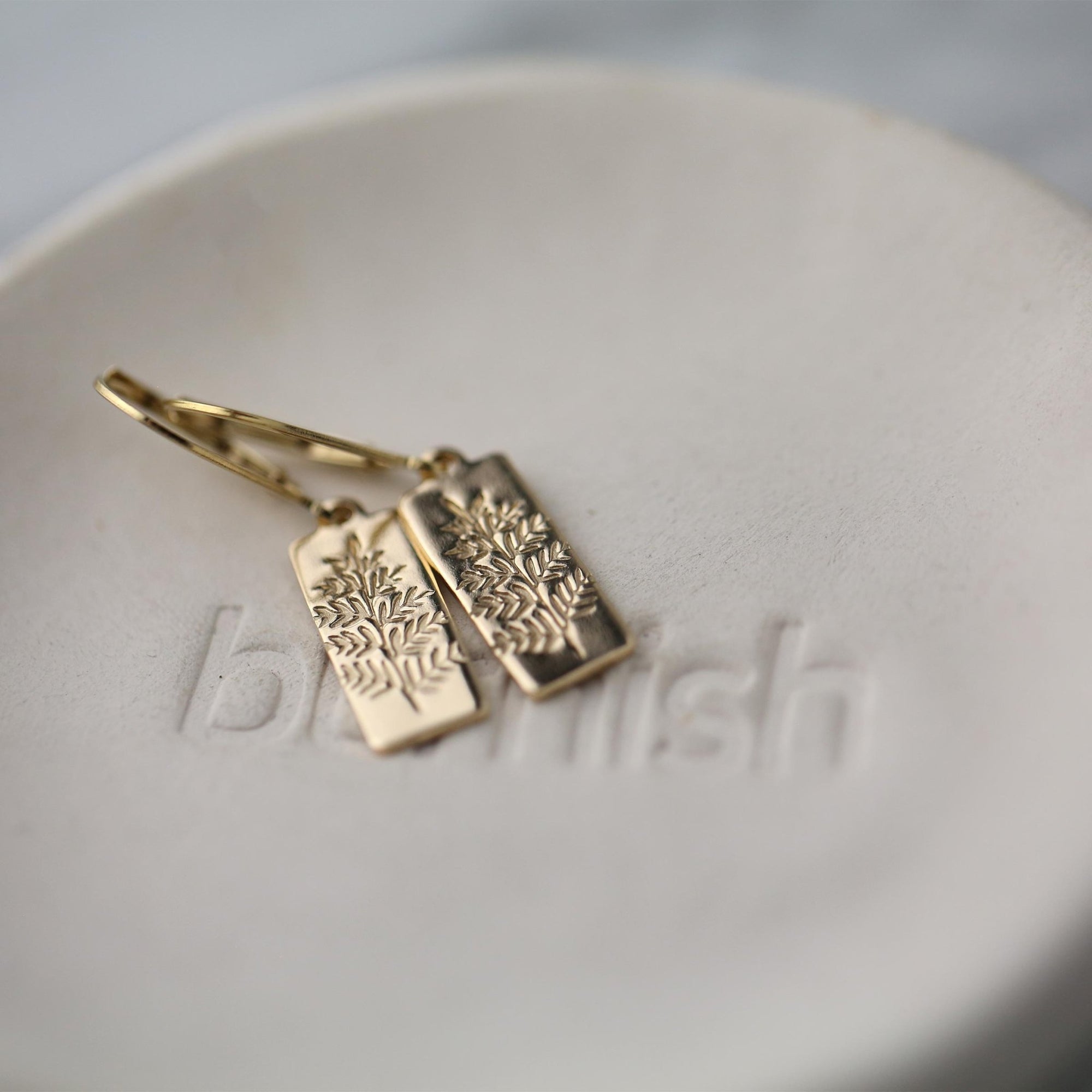 Gold Fern Leaves Tag Earrings handmade by Burnish