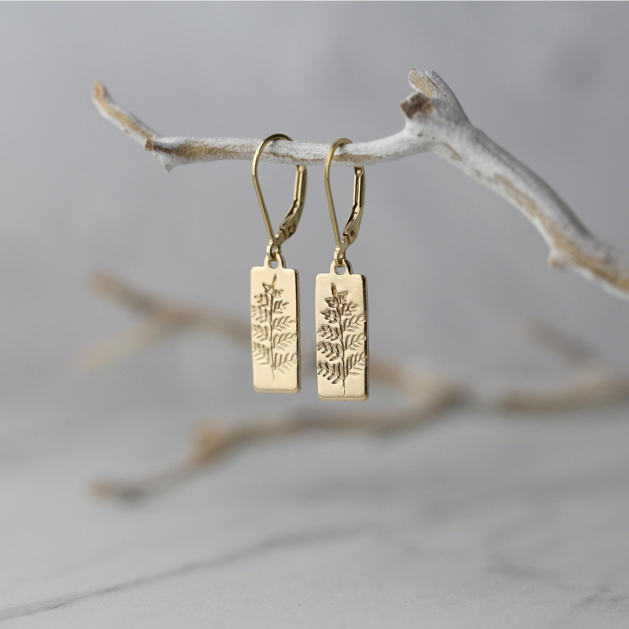 Gold Fern Leaves Tag Earrings handmade by Burnish