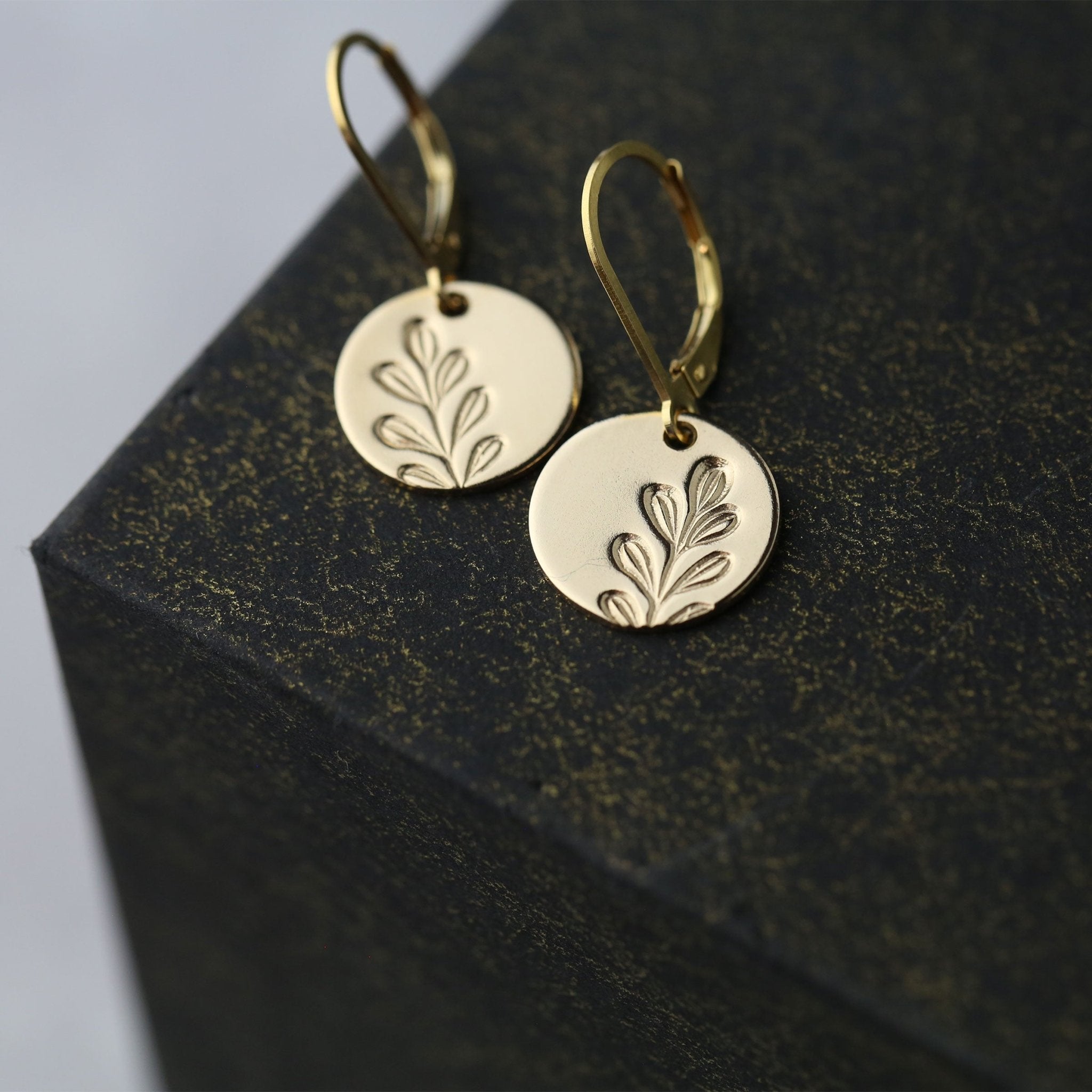 Gold Stamped Botanical Disc Lever-back Earrings