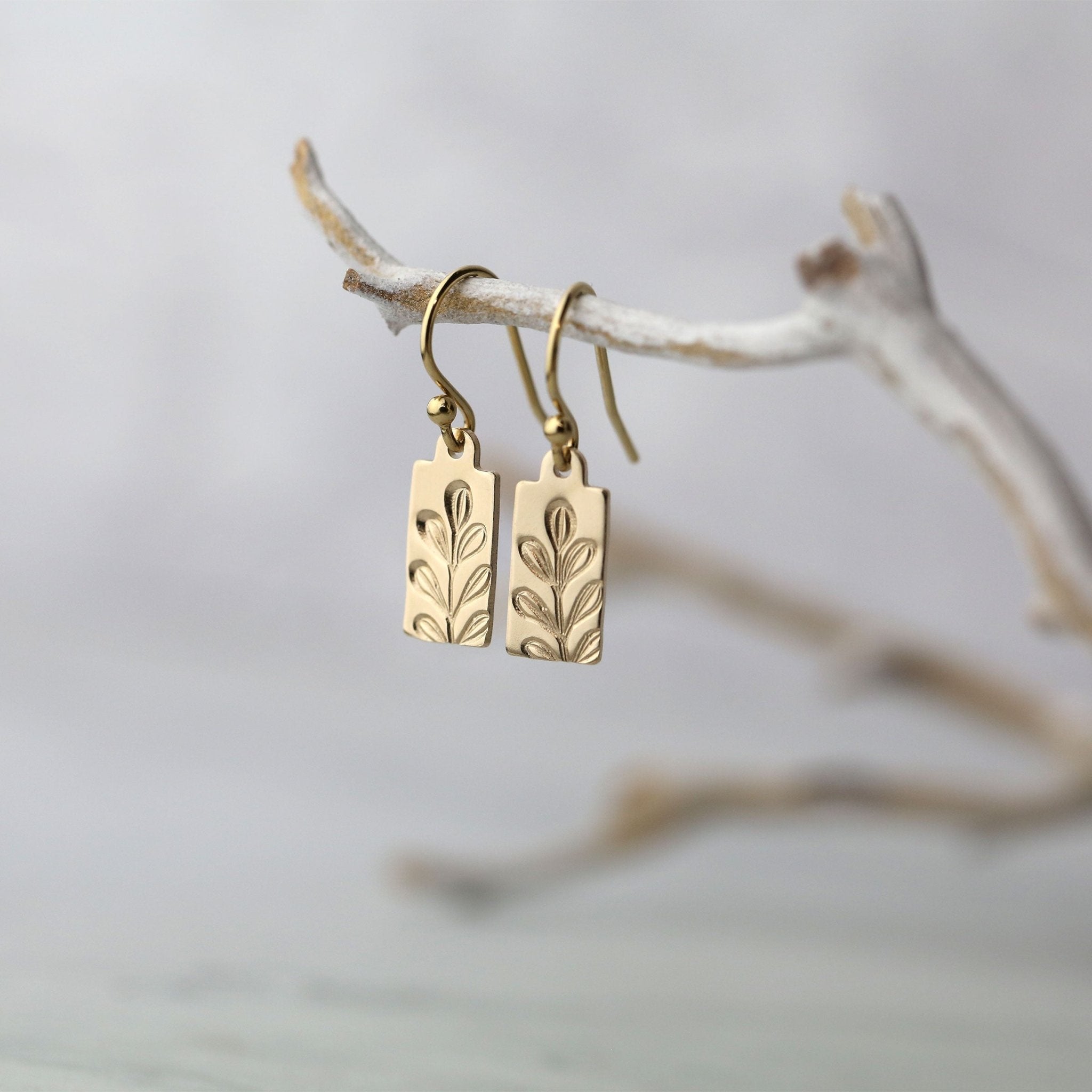 Gold Stamped Botanical Tag Earrings