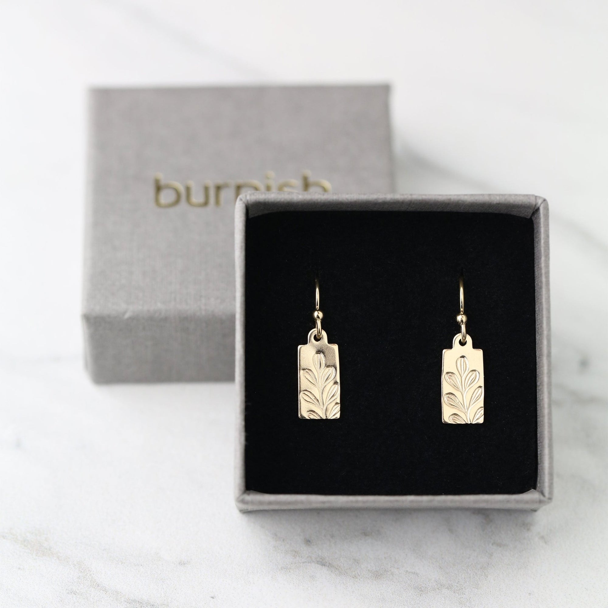 Gold Stamped Botanical Tag Earrings