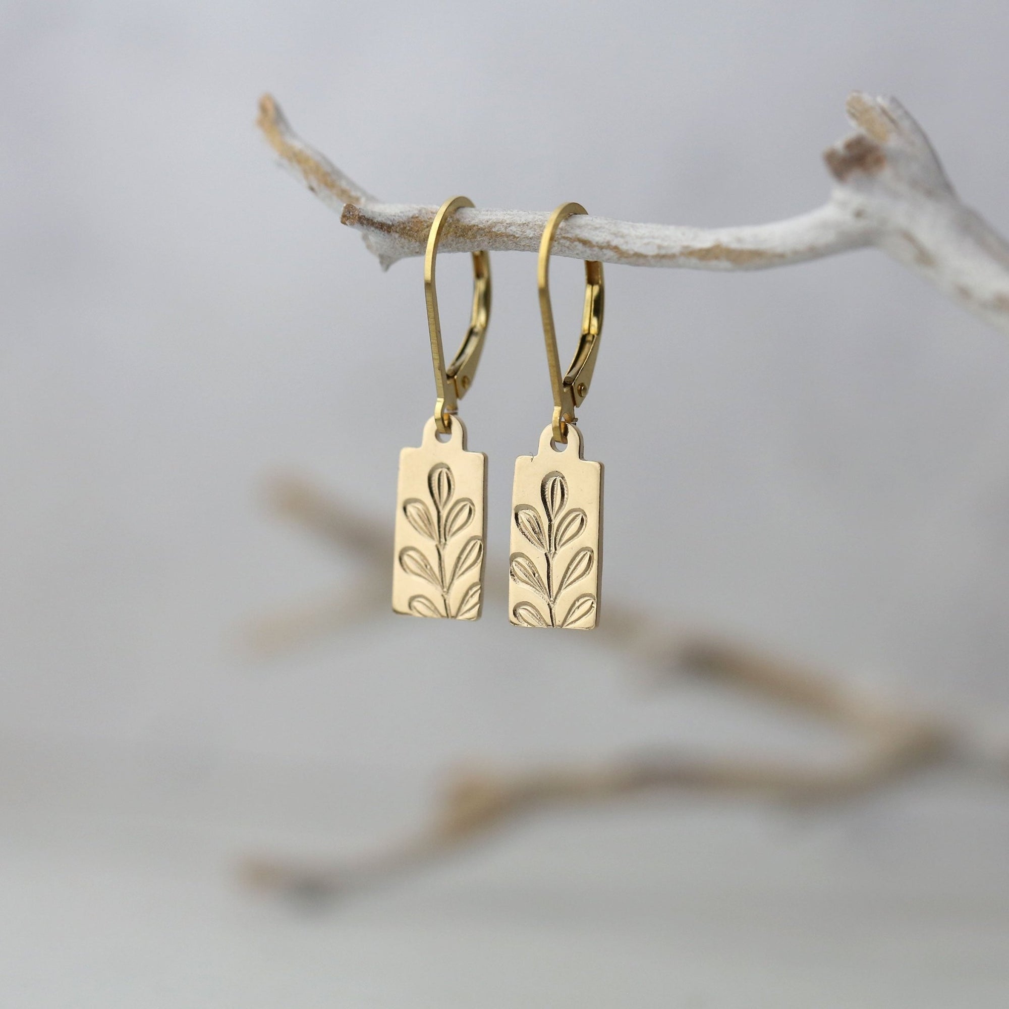 Gold Stamped Botanical Tag Lever-back Earrings