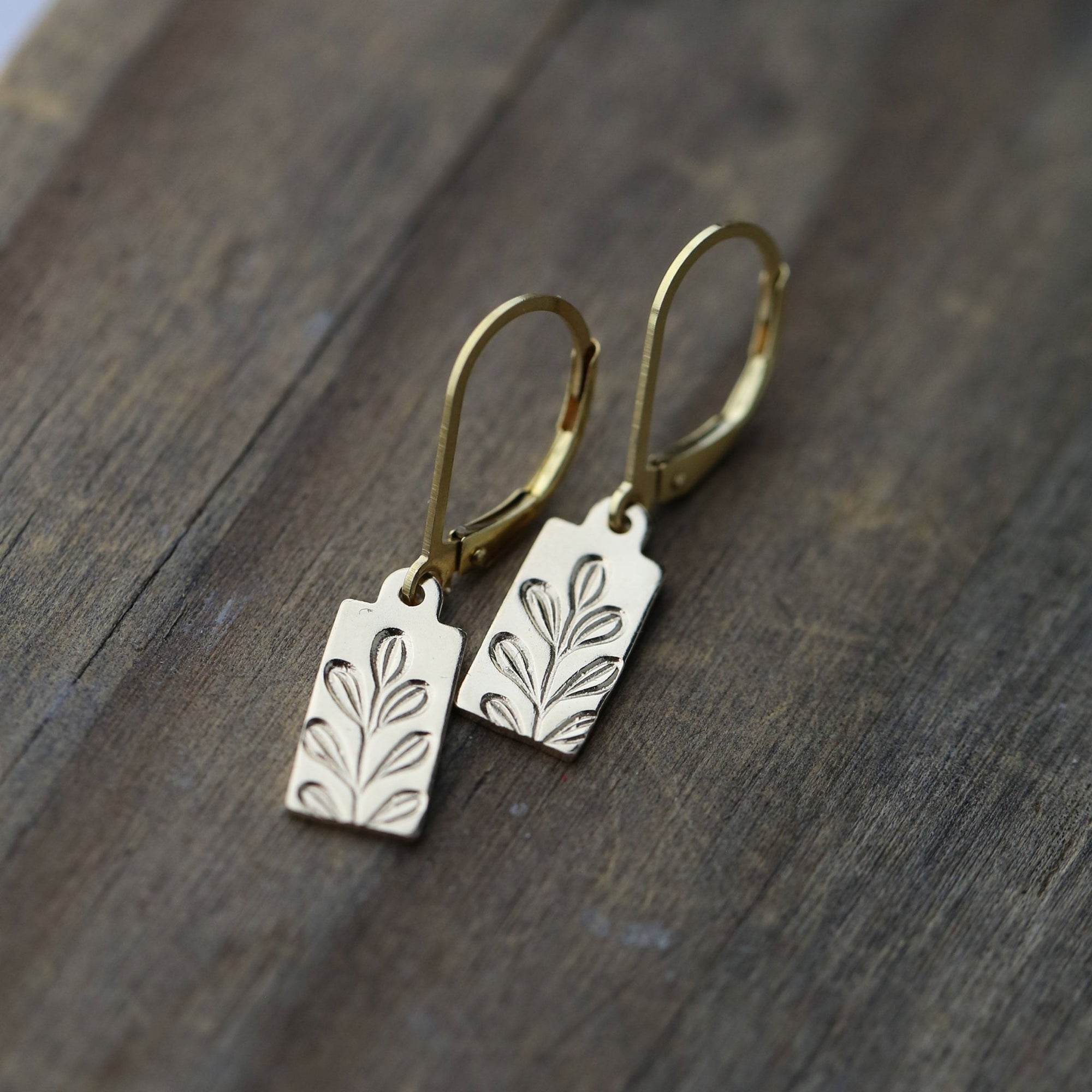 Gold Stamped Botanical Tag Lever-back Earrings