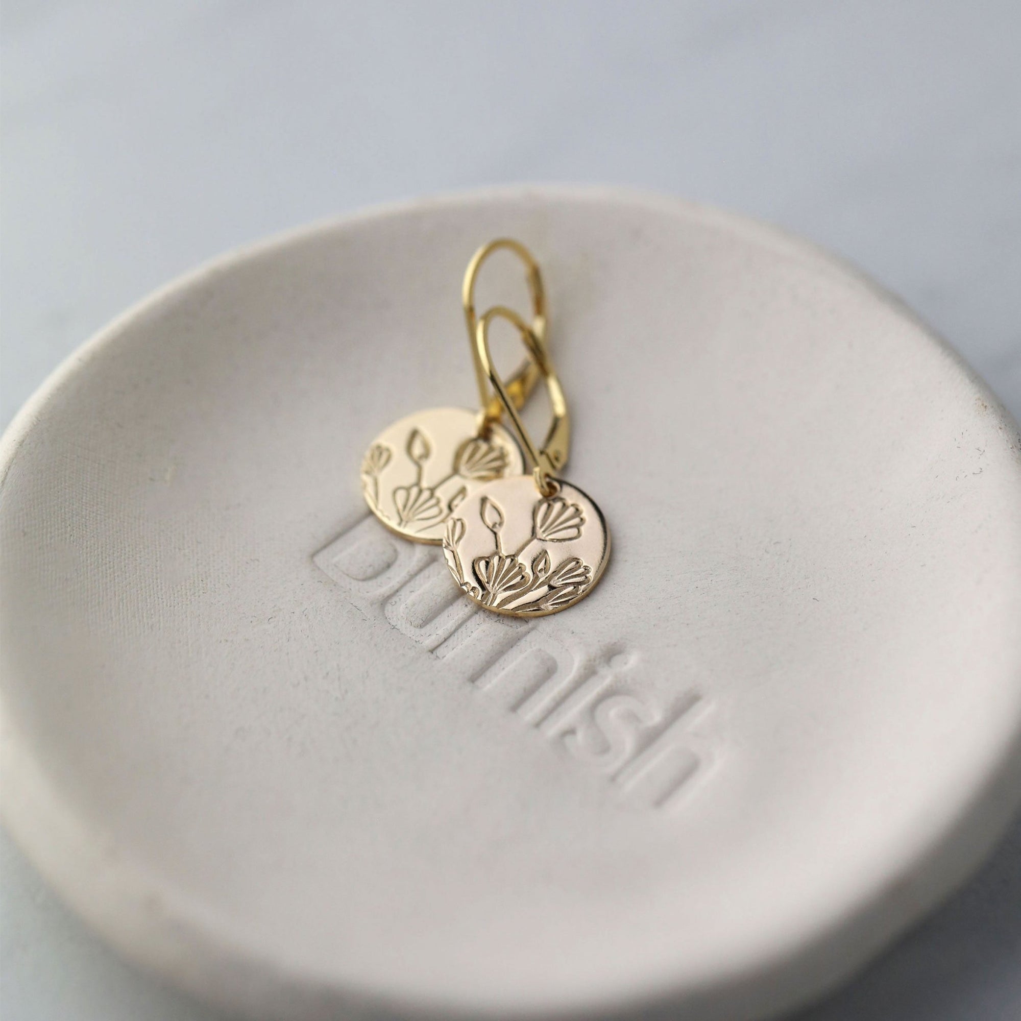 Gold Stamped Floral Disc Earrings handmade by Burnish