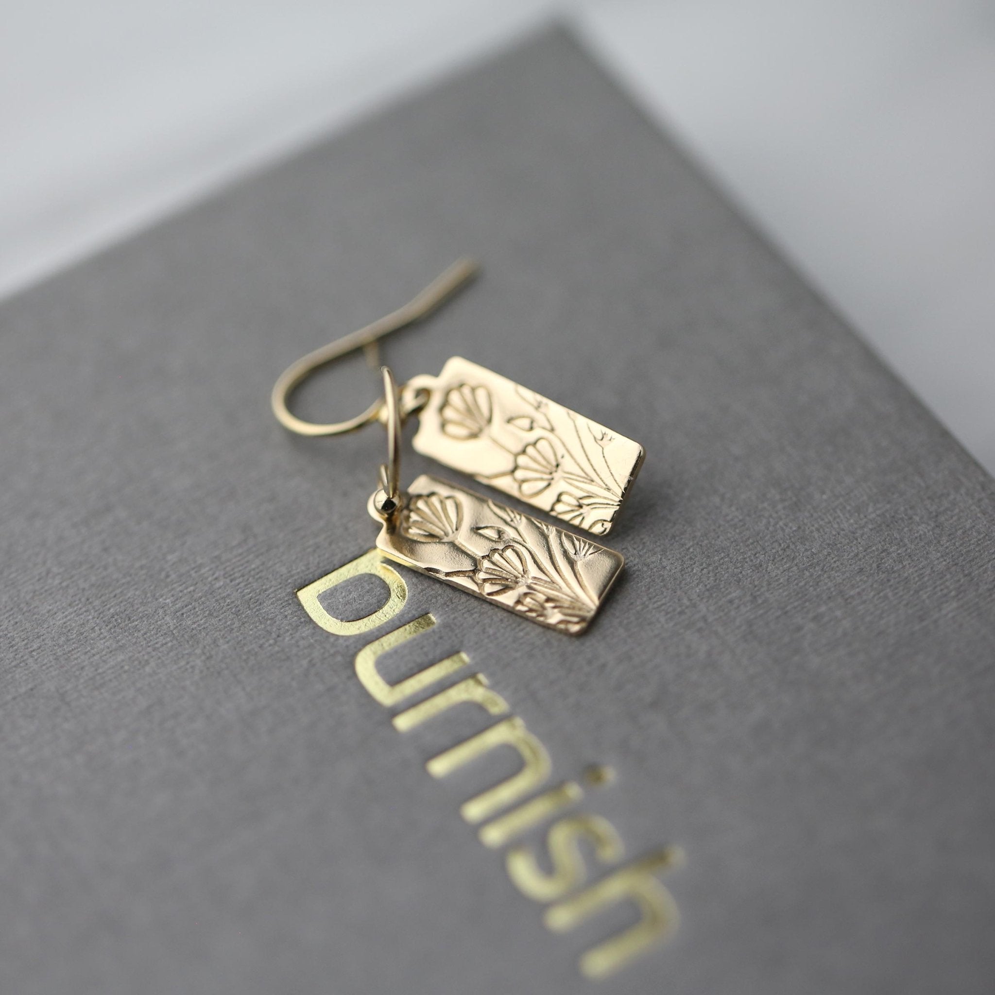 Gold Stamped Floral Tag Earrings handmade by Burnish
