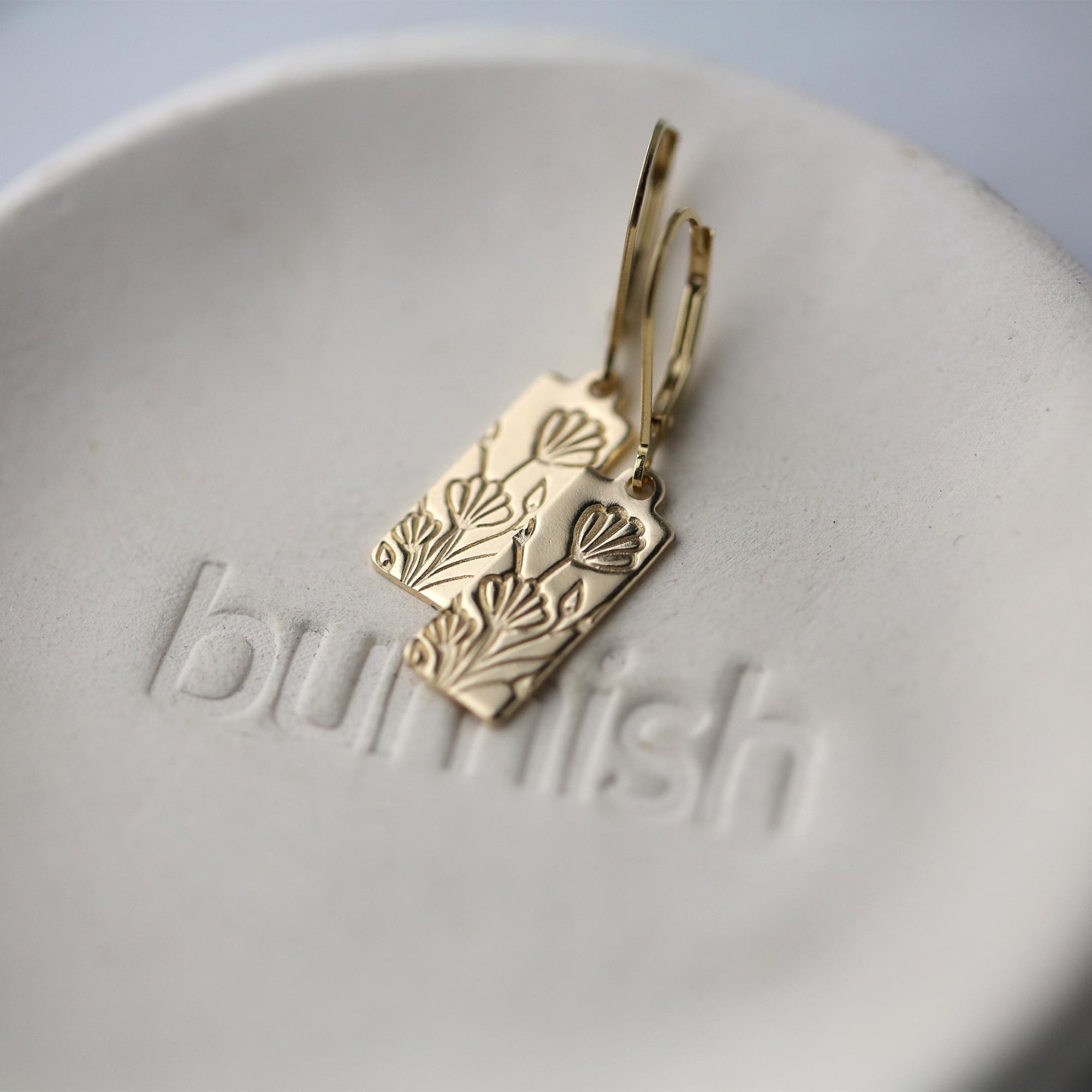 Gold Stamped Floral Tag Earrings handmade by Burnish