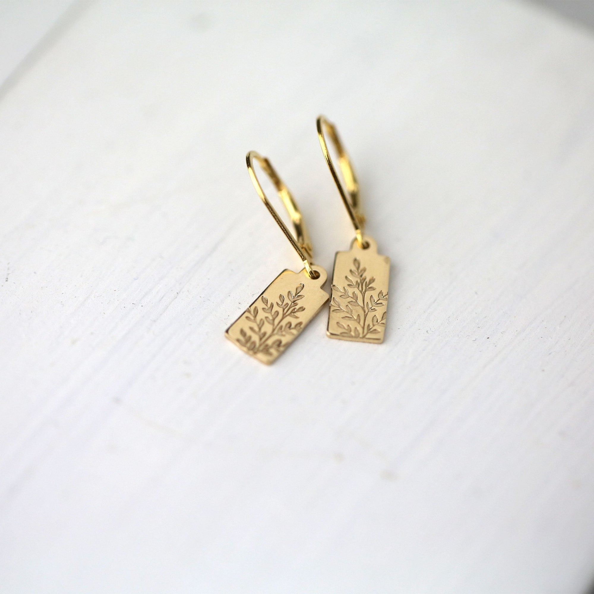 Gold Stamped Wildflower Tag Lever-back Earrings