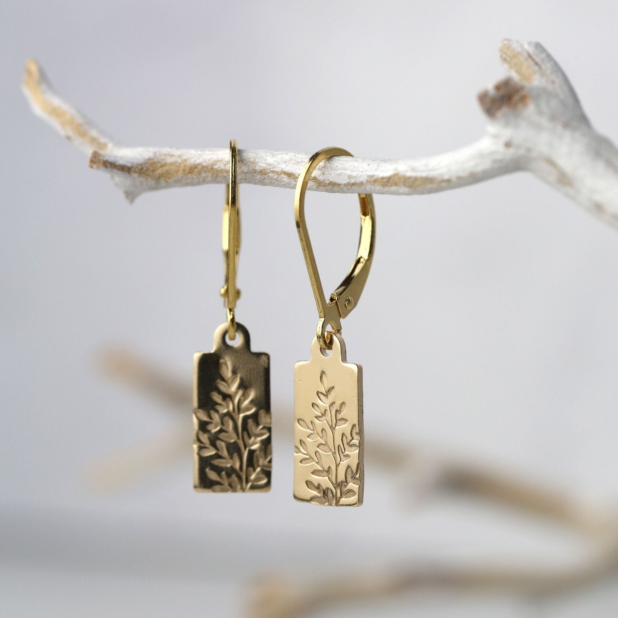 Gold Stamped Wildflower Tag Lever-back Earrings