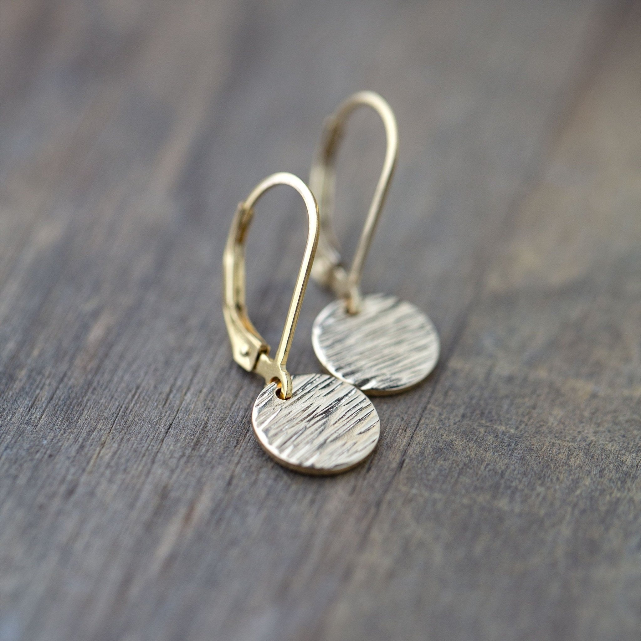 Gold Textured Disc Lever-back Earrings - Handmade Jewelry by Burnish
