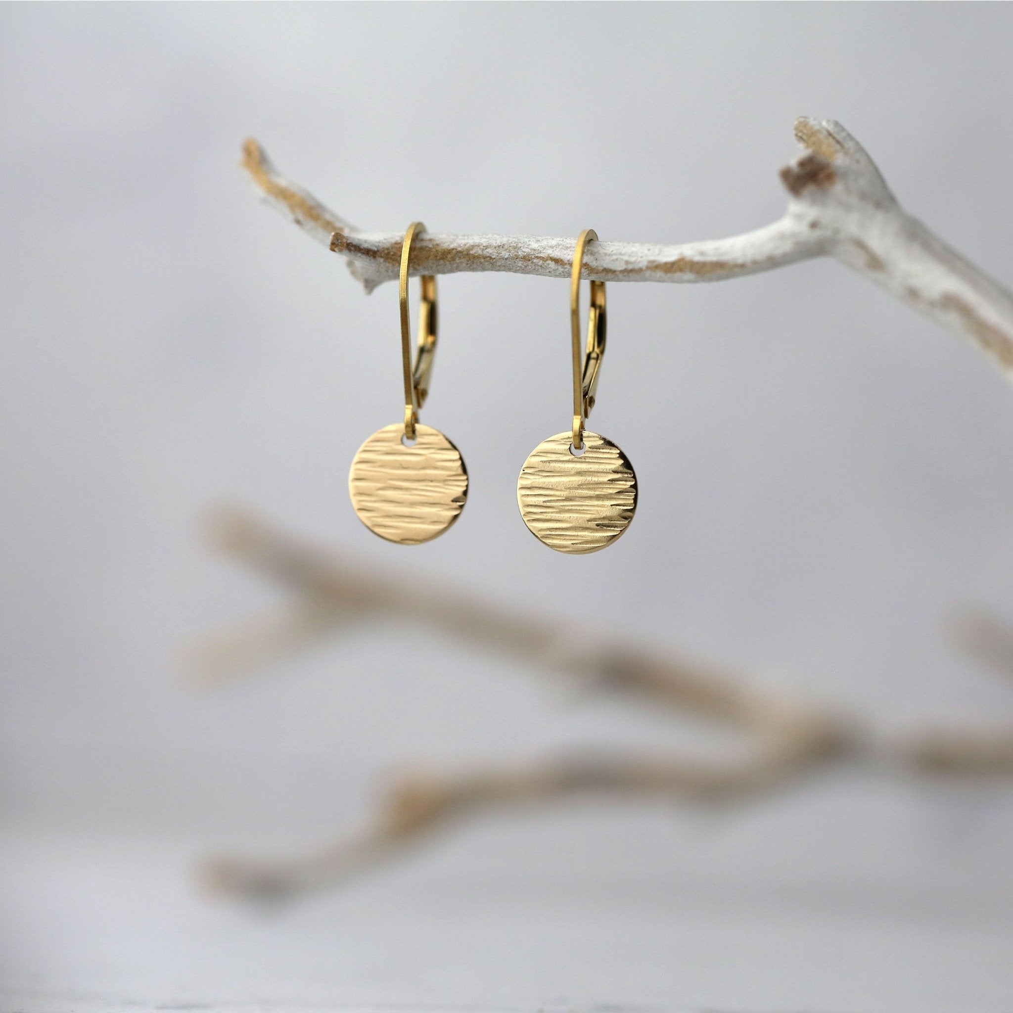 Gold Textured Disc Lever-back Earrings